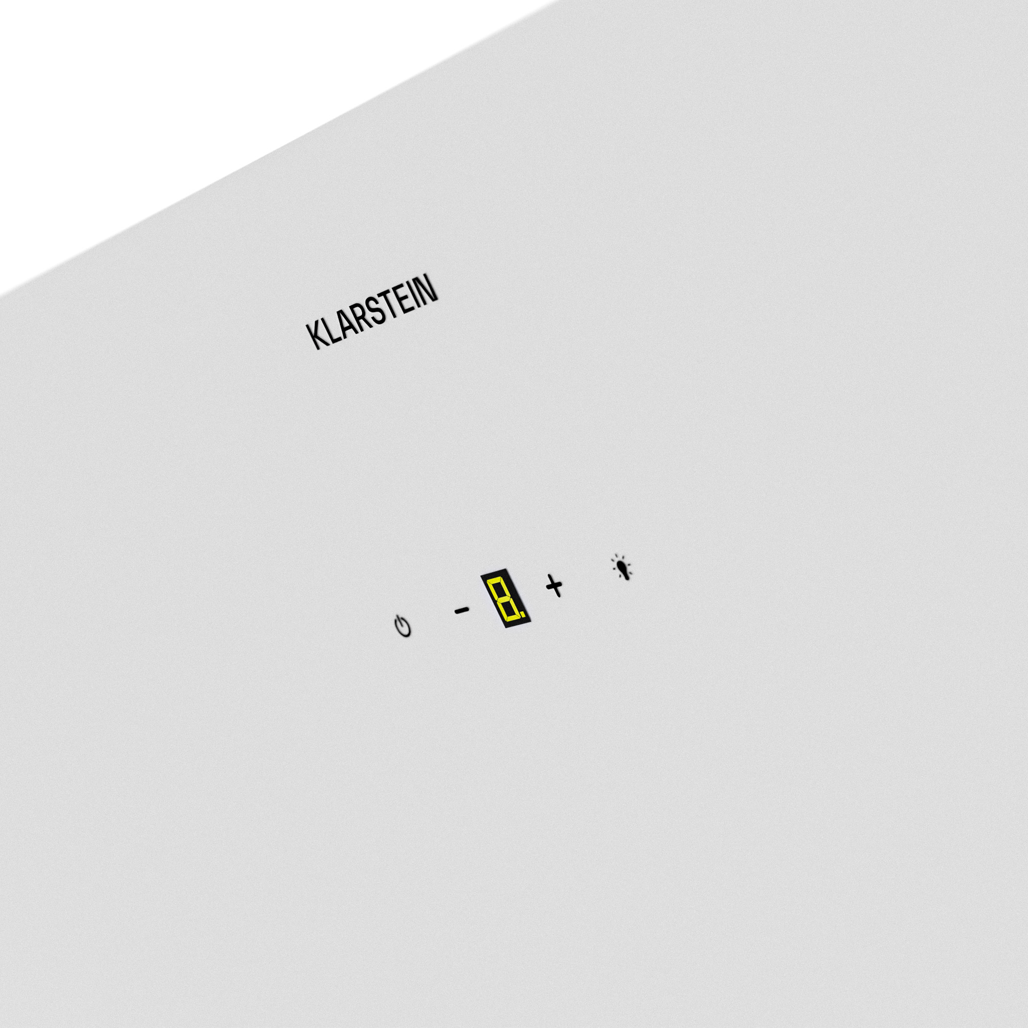 Klarstein-Logo mit Bedienfeld: Ein Aus-Symbol, ein Display mit 8, Plus und Licht-Symbol.