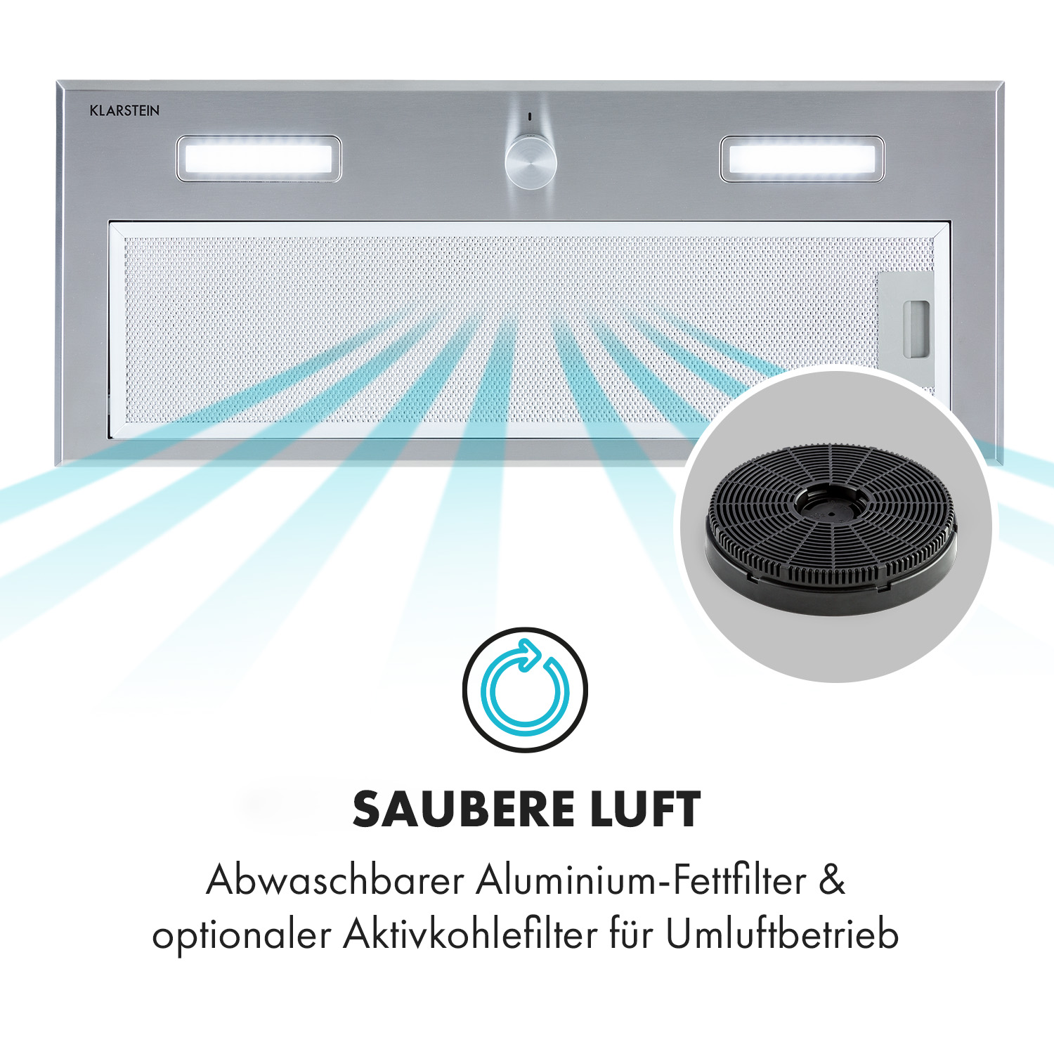 Edelstahl Dunstabzugshaube mit Lichtern, Filter und Kohlefilter.