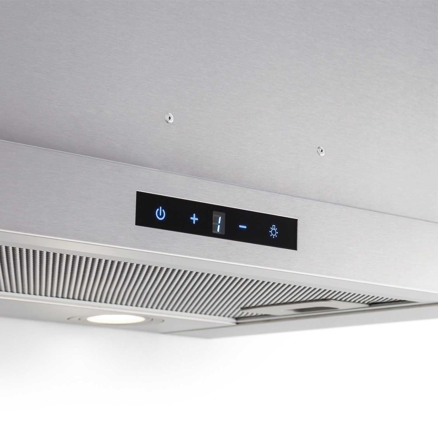Campana extractora de acero inoxidable cepillado con controles azules.