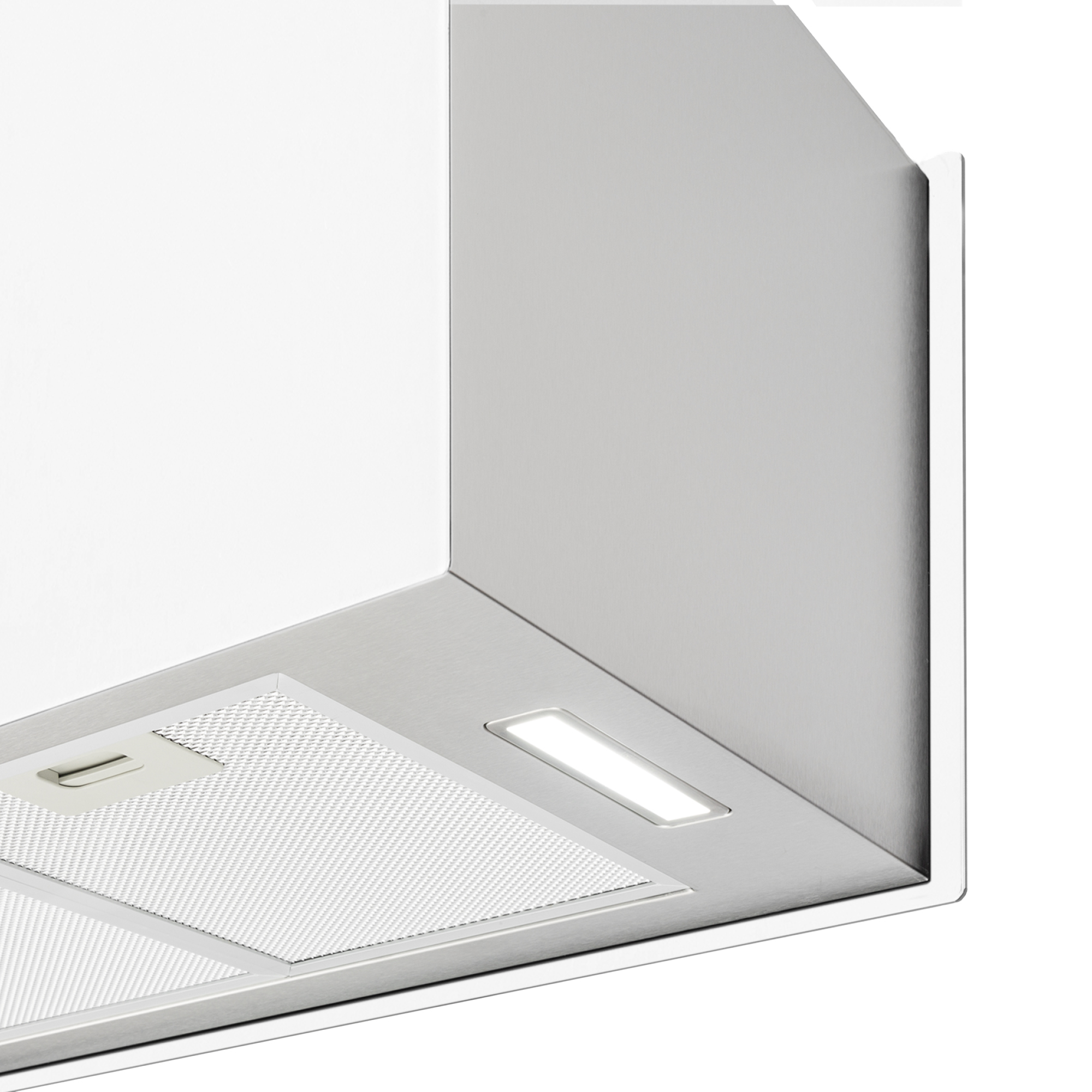 Ein moderner Dunstabzug, weiß und silber, mit integriertem Licht.
