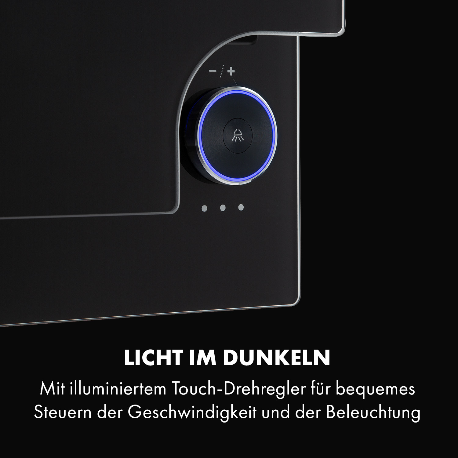 Ein beleuchteter Touch-Drehregler mit blauer Umrandung auf einem schwarzen Bedienfeld.