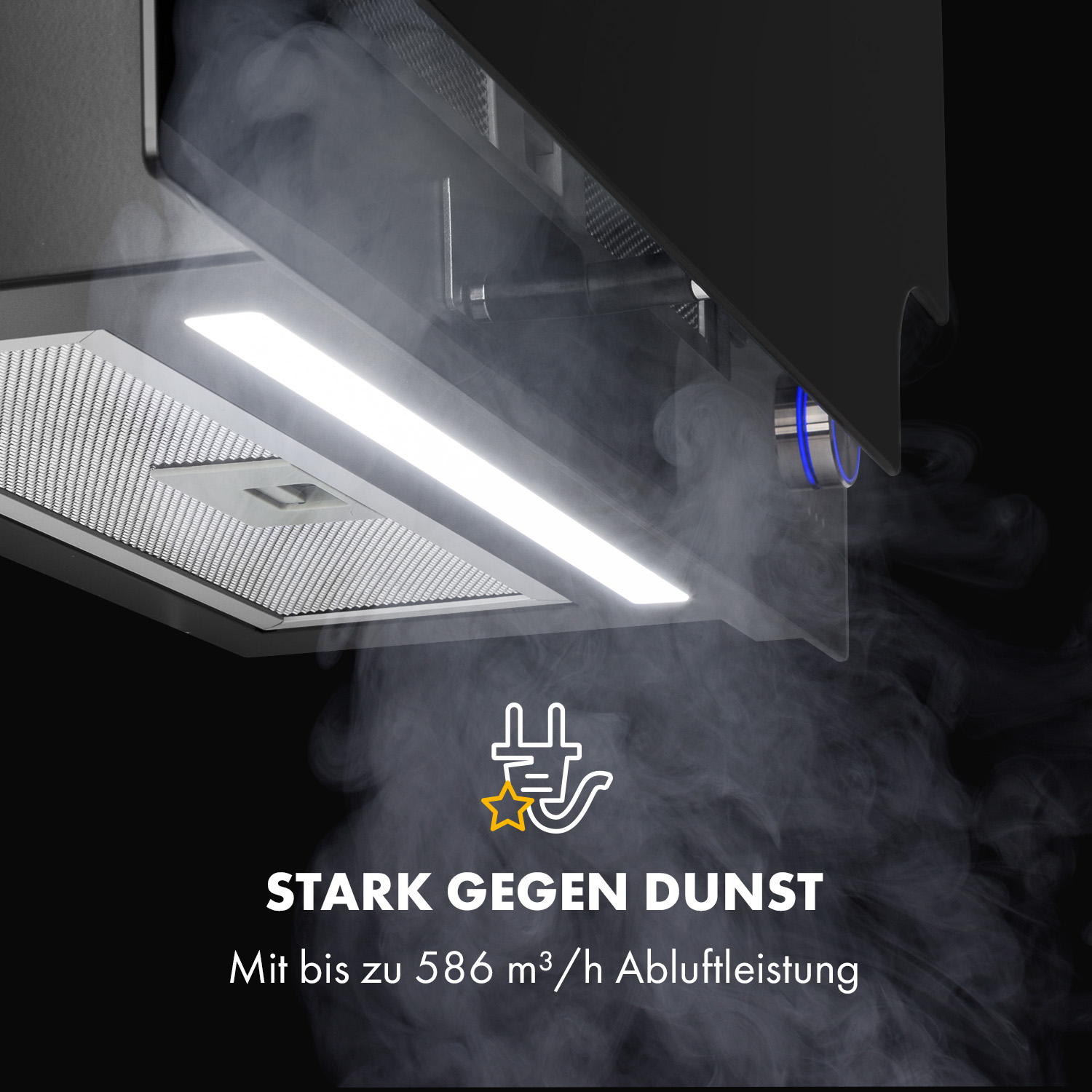 Dunstabzugshaube mit Beleuchtung und Rauch. Text: Stark gegen Dunst.
