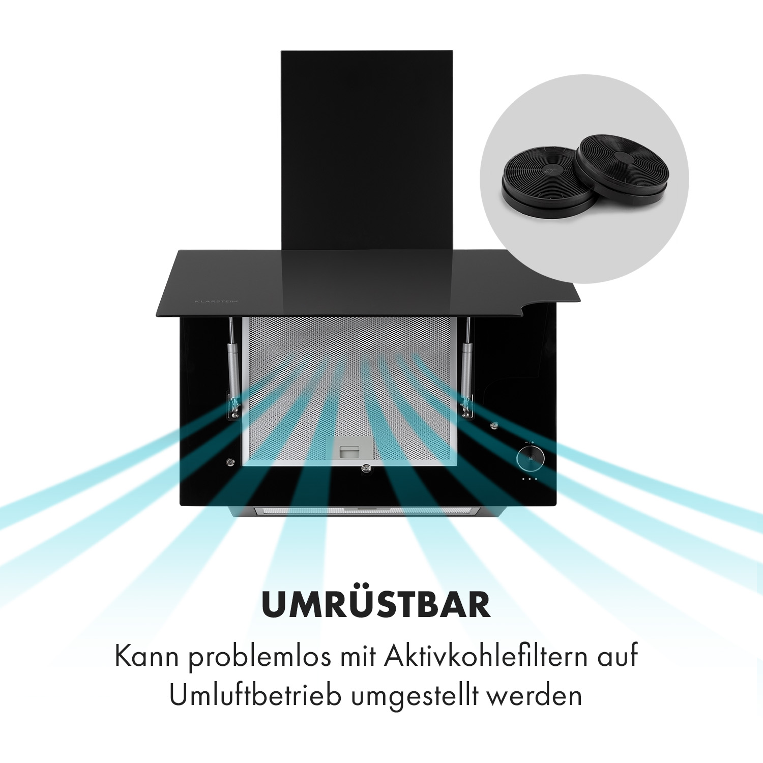 Schwarze Dunstabzugshaube mit Aktivkohlefiltern und blauen Luftströmen.
