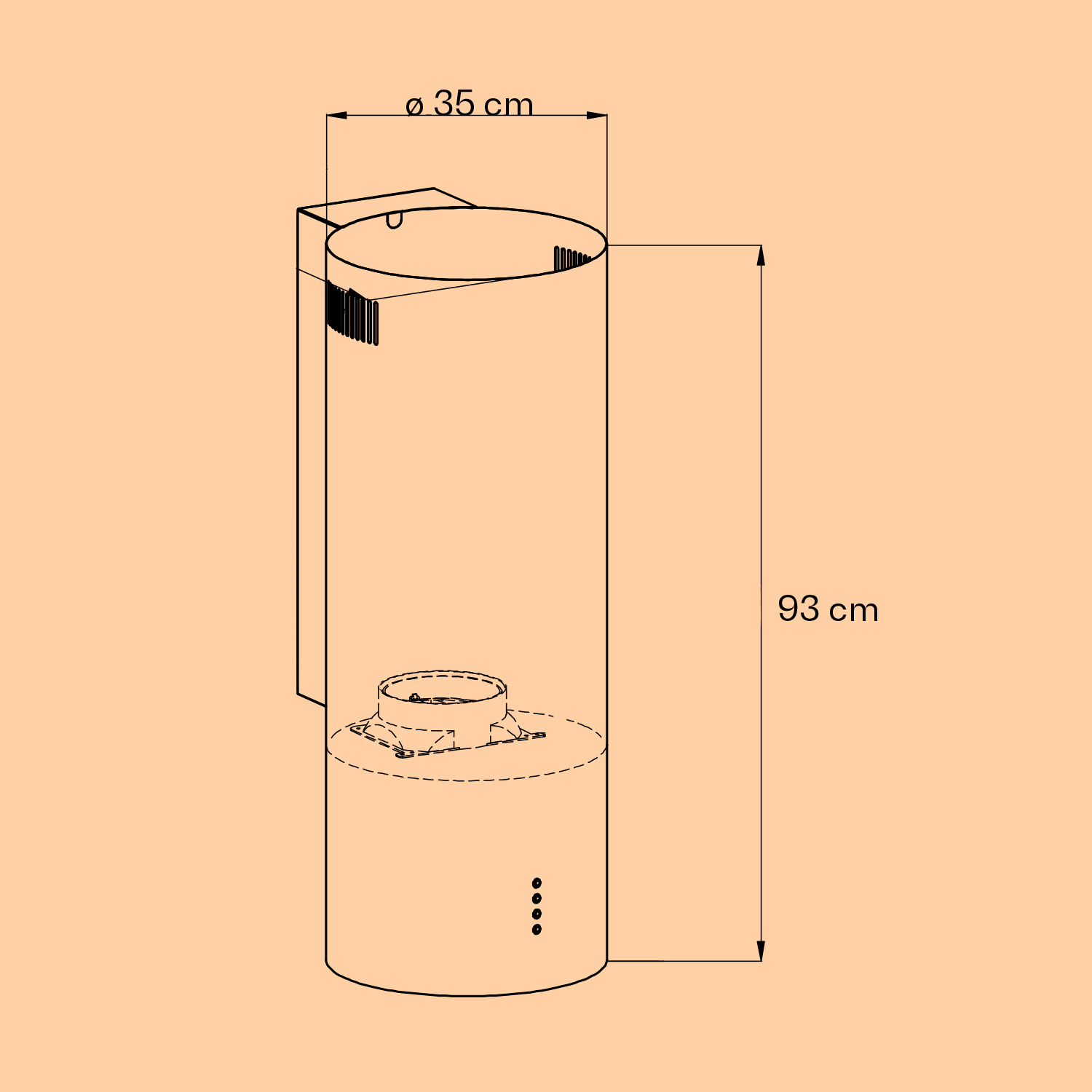 Ein zylindrischer Dunstabzugshaube mit Maßen von 35 cm Durchmesser und 93 cm Höhe.