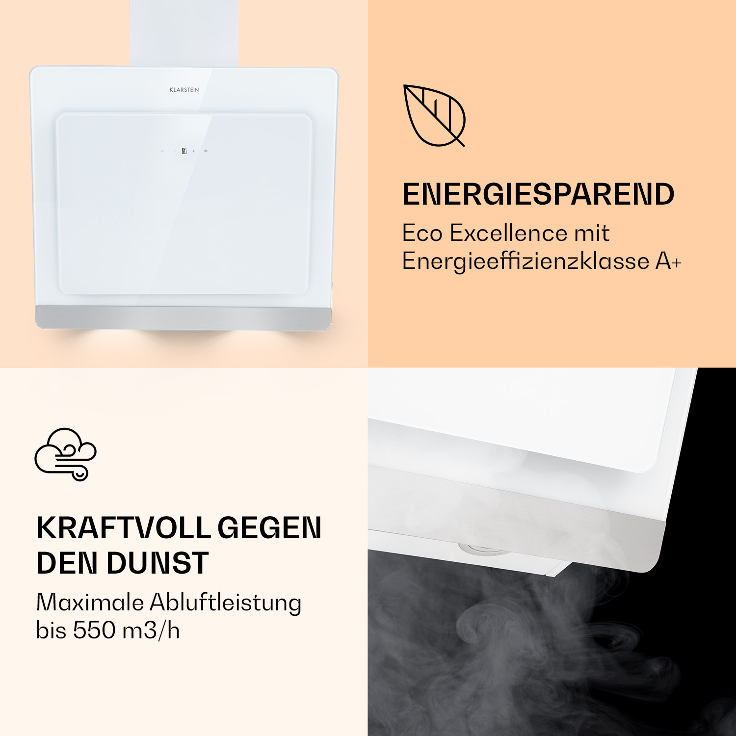 Una campana extractora blanca con pantalla táctil y texto sobre eficiencia energética.
