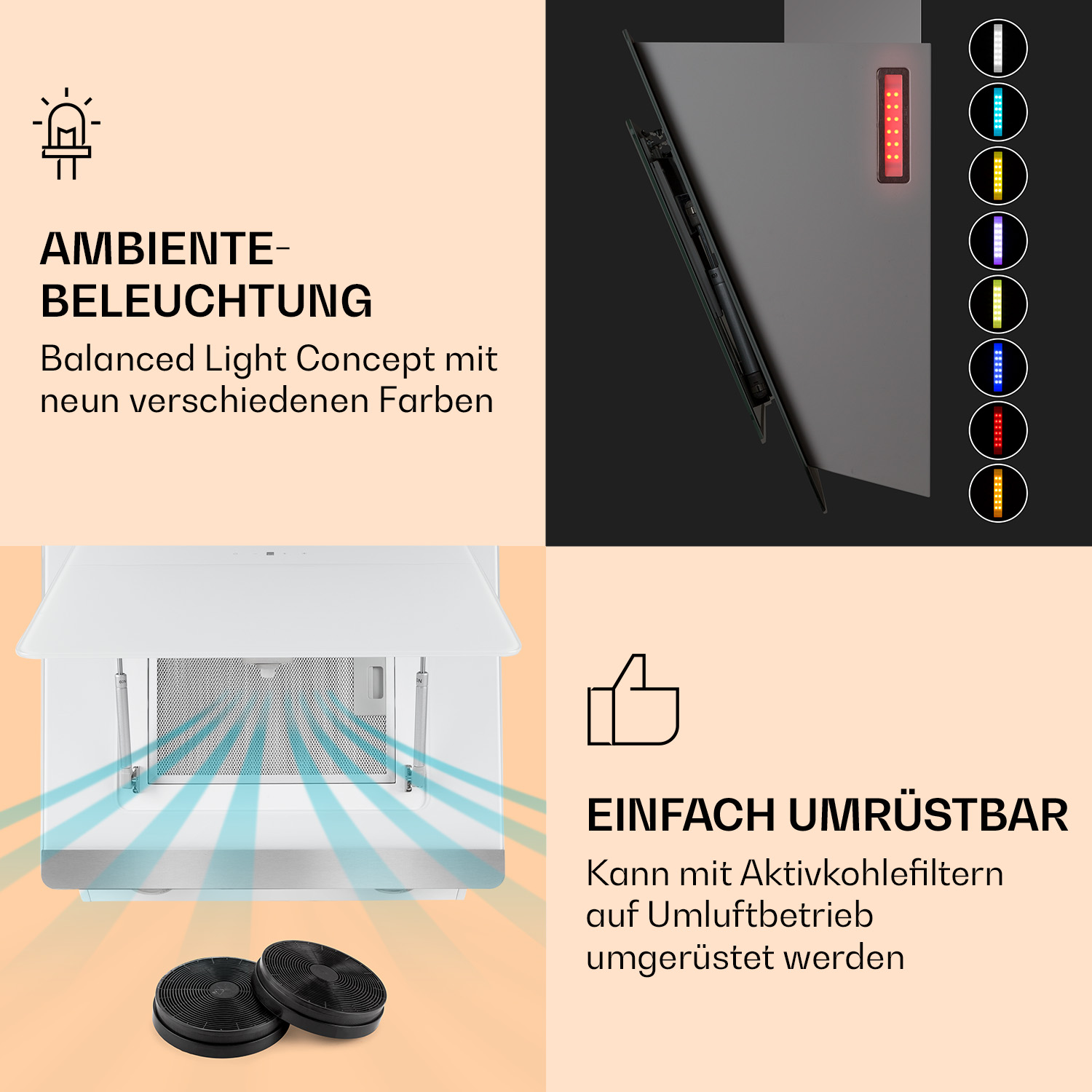 Campana extractora con iluminación ambiental y opciones de filtro