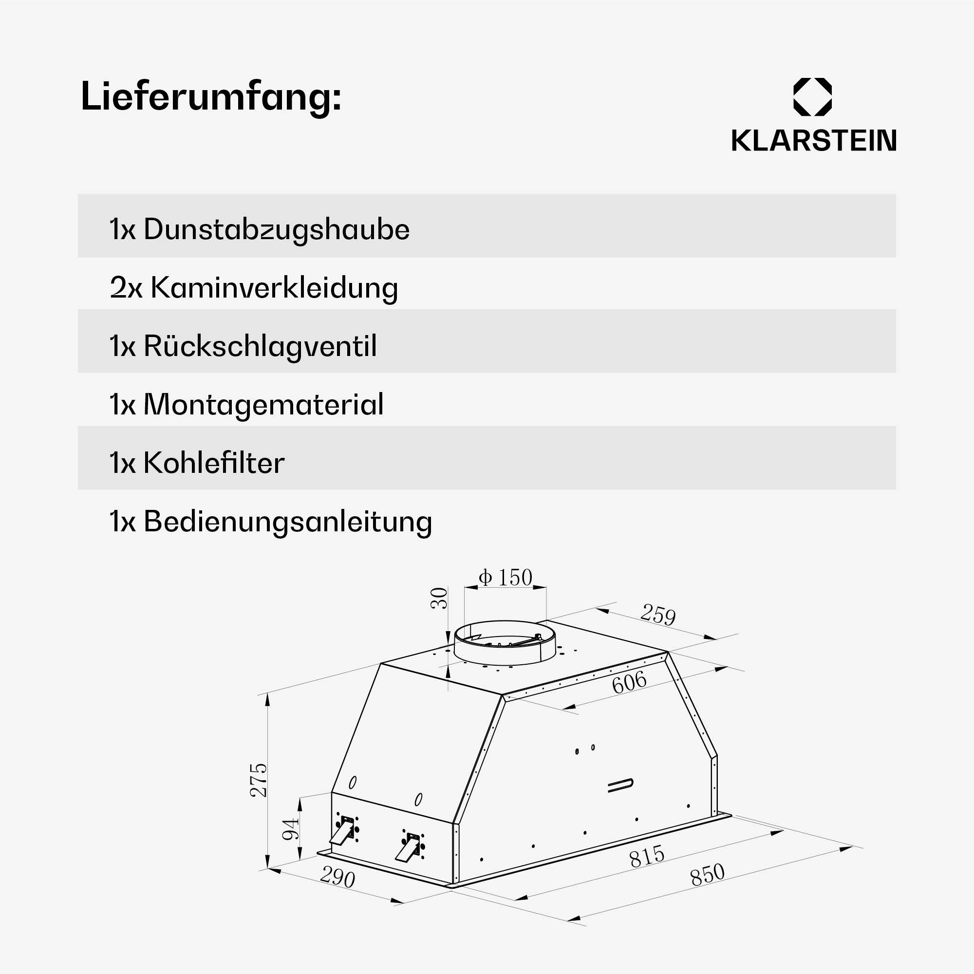 Disegno tecnico di una cappa aspirante con dimensioni e ambito di fornitura.