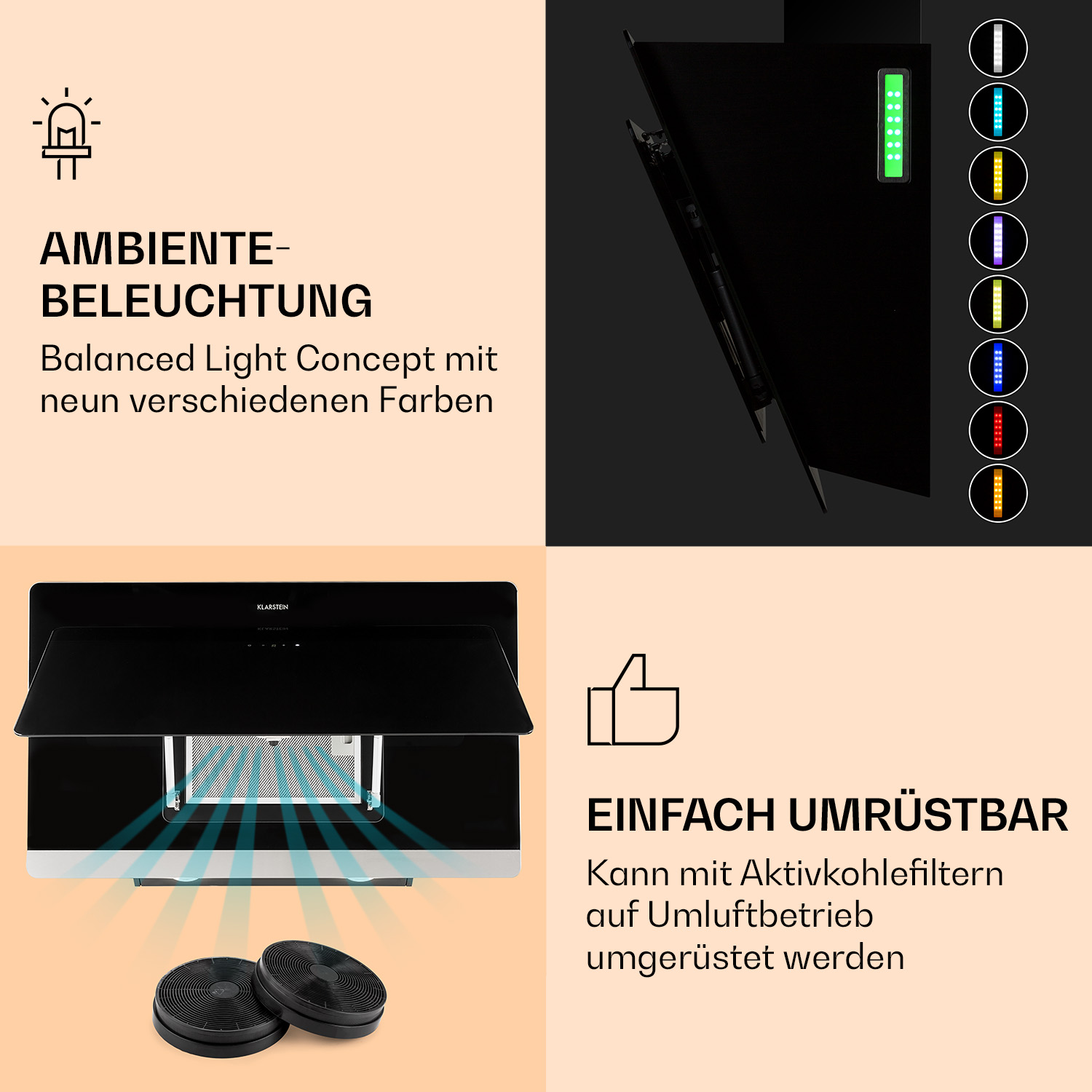 Campana extractora con iluminación ambiental y filtros de carbón.