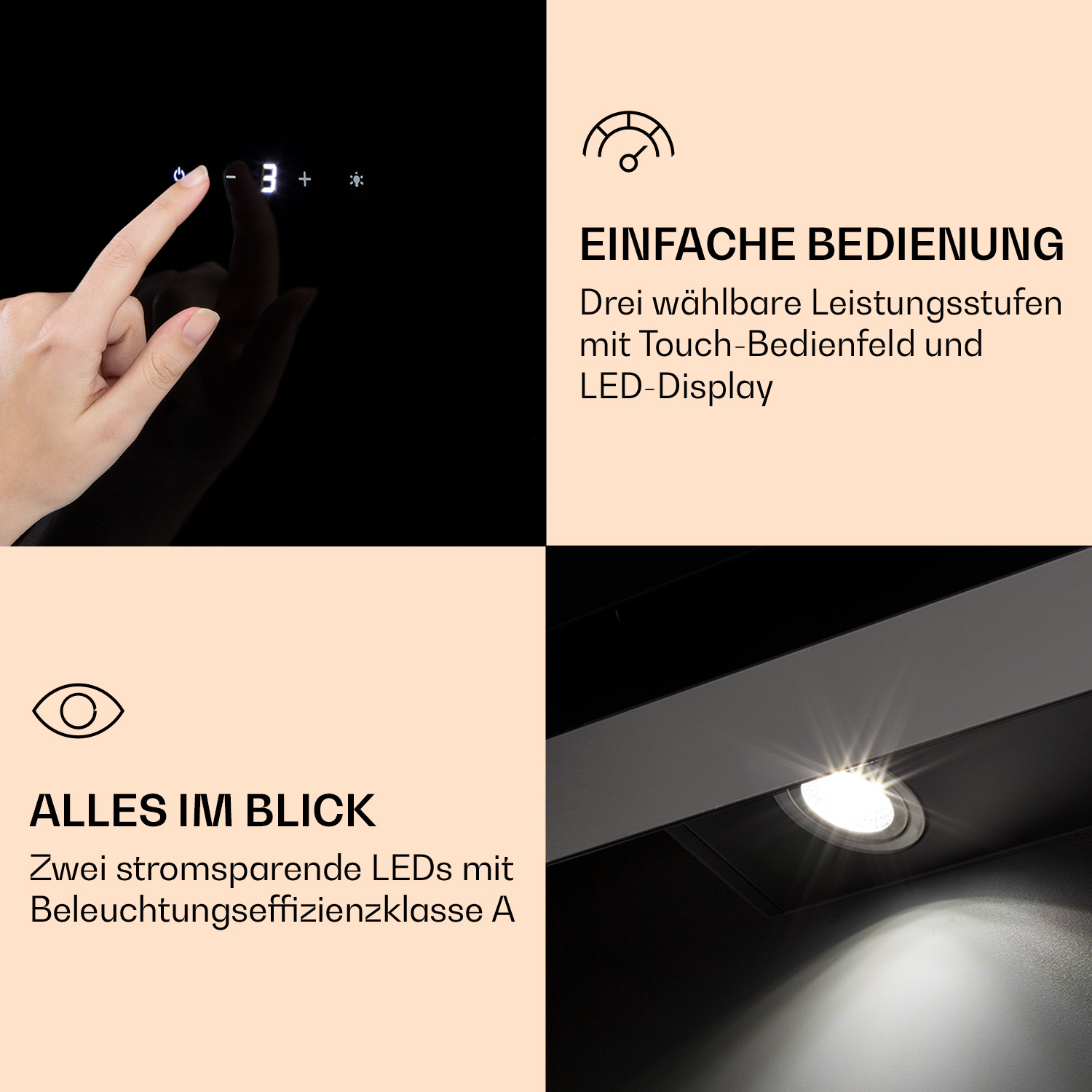 Panel de control con táctil, pantalla LED e iluminación.