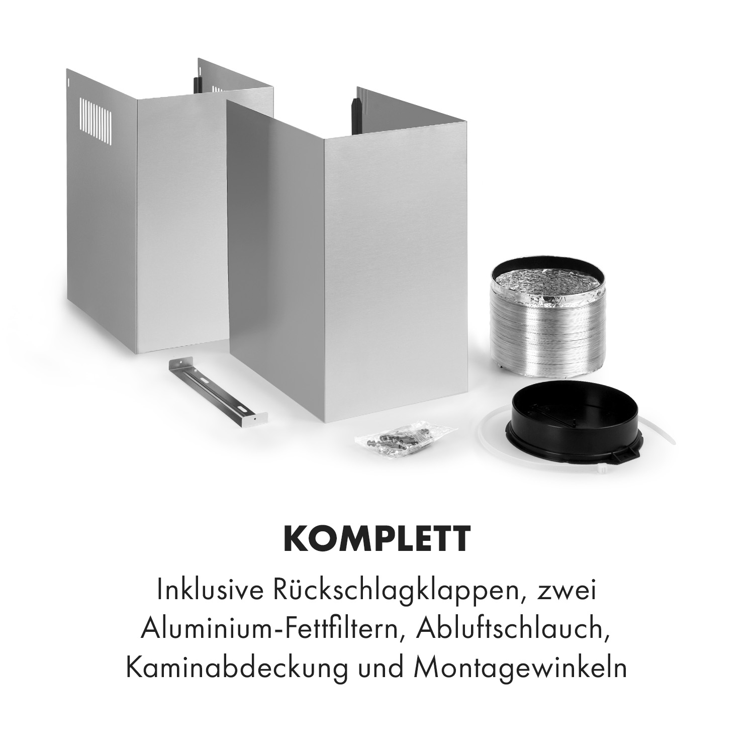 Set cappa aspirante in acciaio inossidabile con accessori come tubo e filtri.
