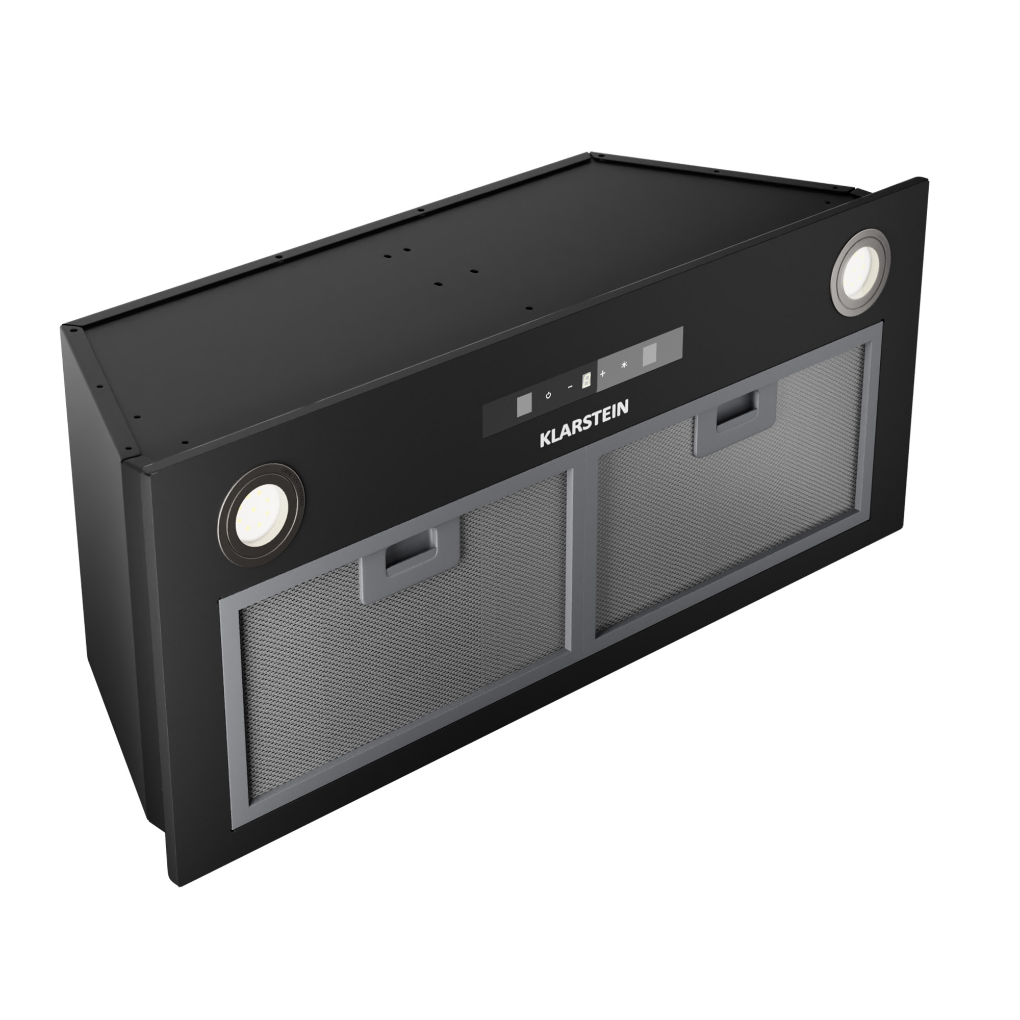 Cappa aspirante nera con due filtri metallici e luci LED.