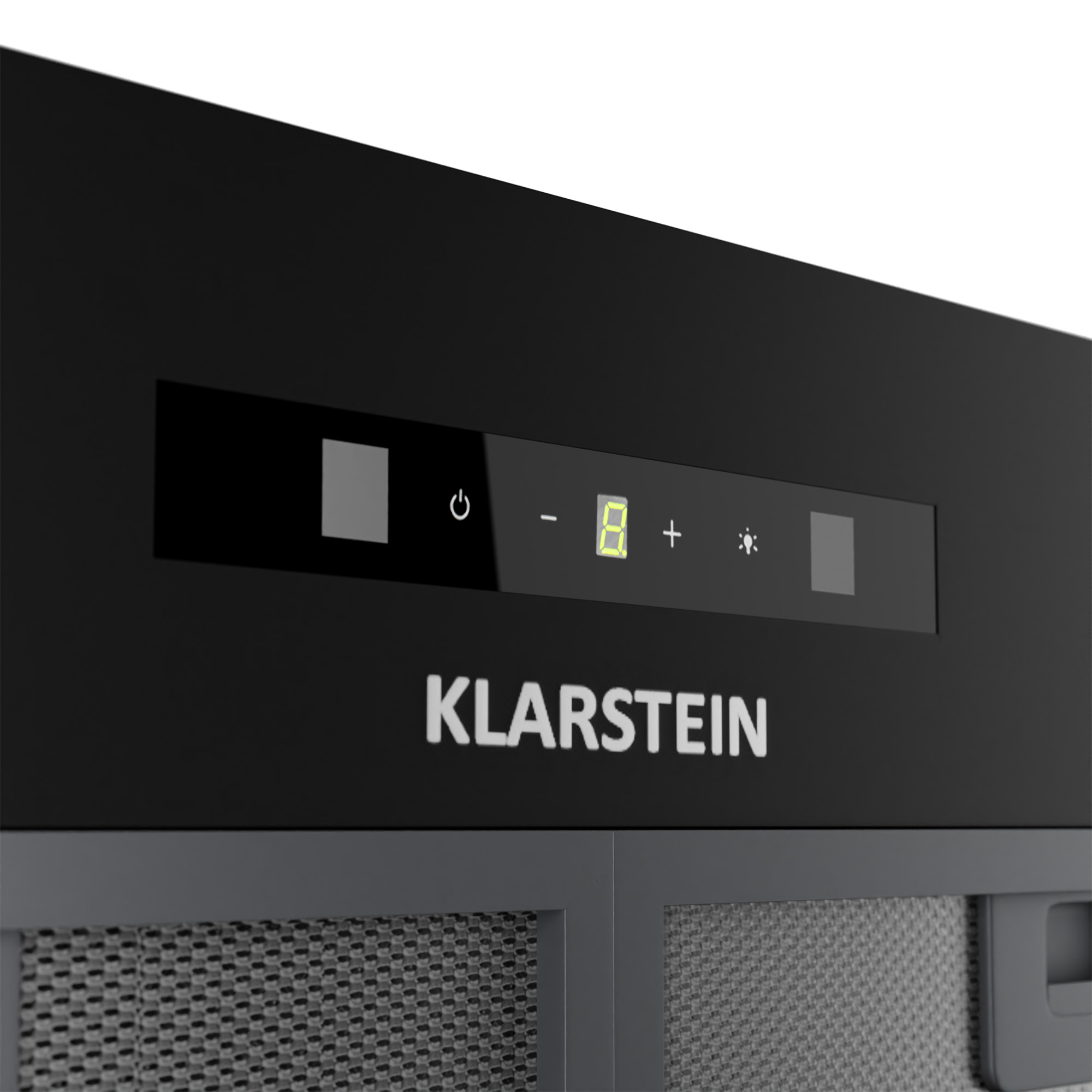 Primo piano del pannello di controllo nero della cappa Klarstein con display digitale e icone.