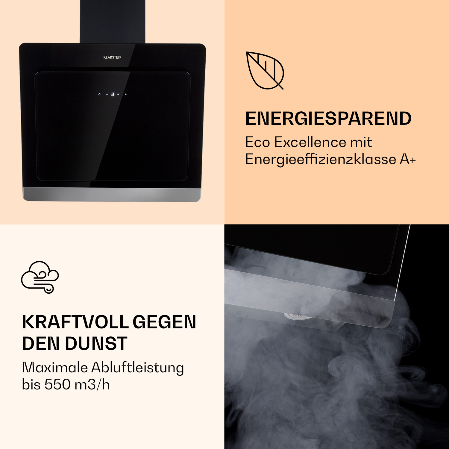 Klarstein Dunstabzugshaube: Energiesparend, Kraftvoll gegen Dunst mit 550 m3/h.