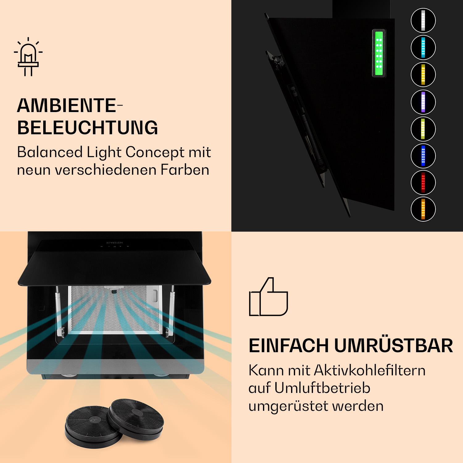 Dunstabzugshaube mit Ambientebeleuchtung und Farboptionen.