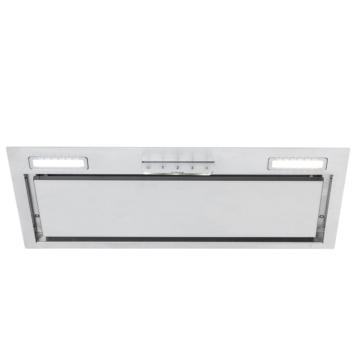 Cappa aspirante in acciaio inox con luci e pulsanti.