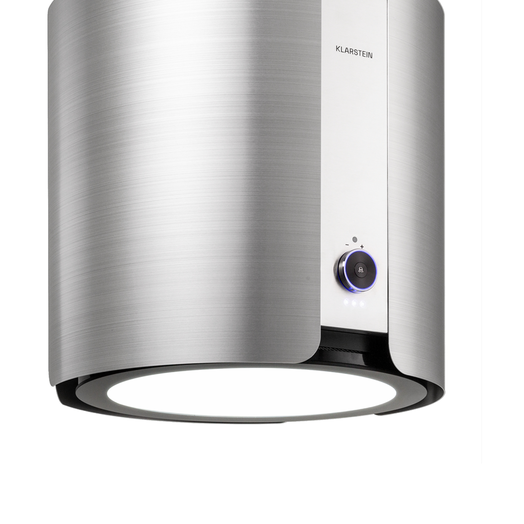 Campana extractora de acero inoxidable cepillado con controles iluminados.