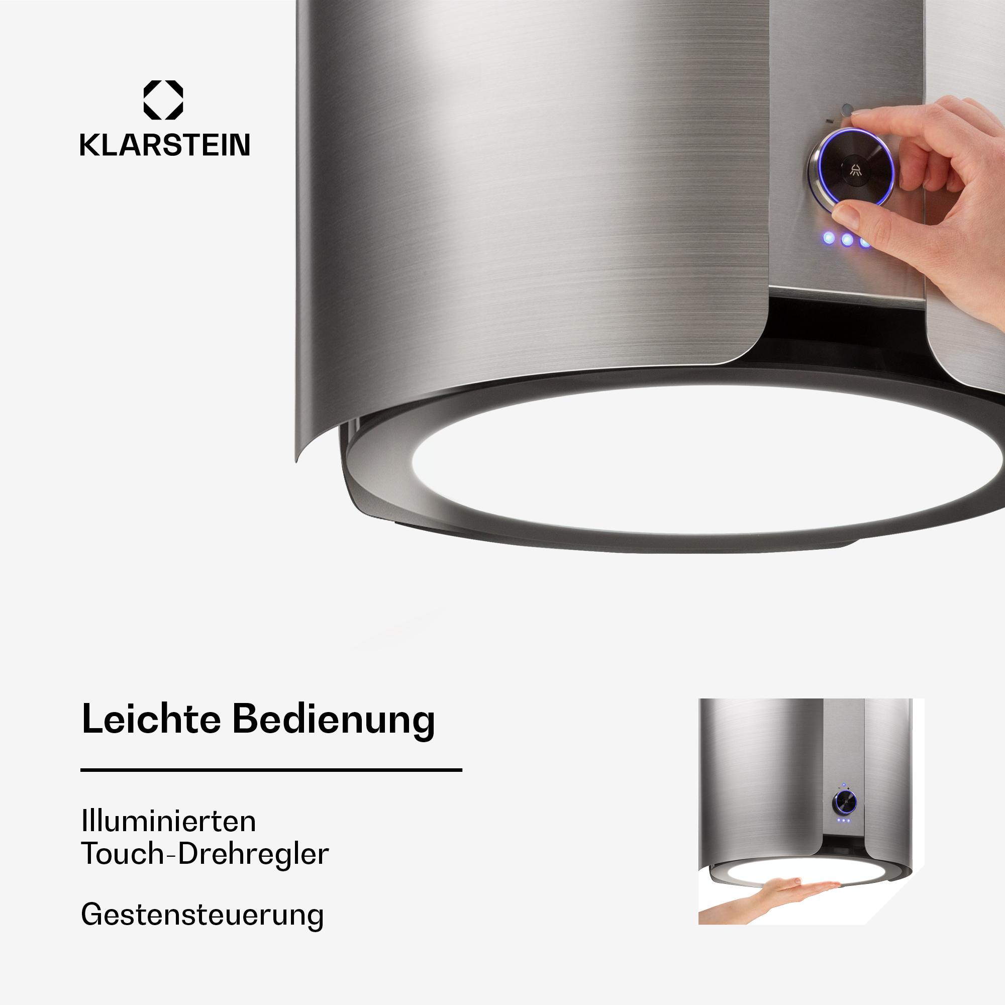 Logo Klarstein sobre campana extractora de metal cepillado con mano ajustando controles iluminados.