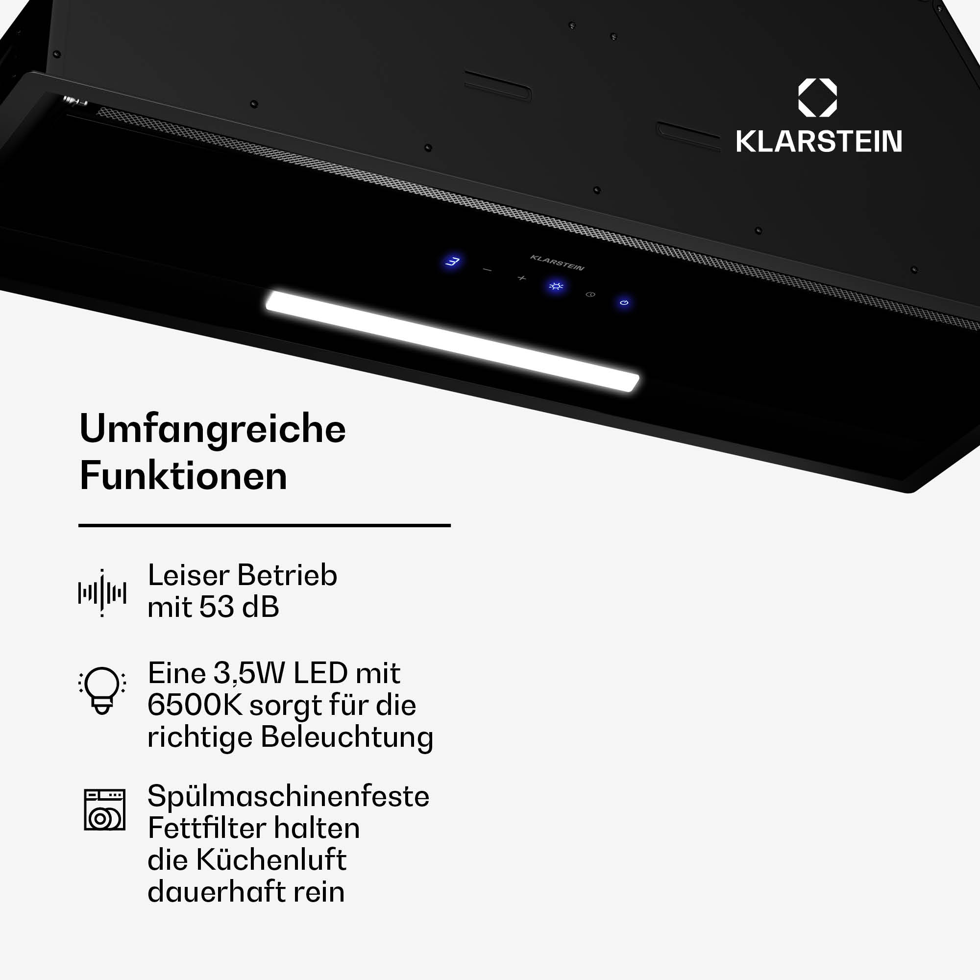 Klarstein Dunstabzugshaube mit Touch-Bedienfeld, LED-Licht und Fettfiltern.