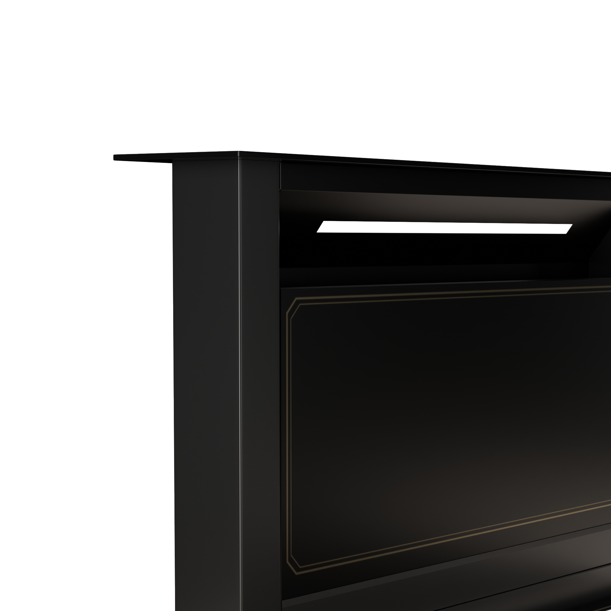 Mesa negra con borde dorado e iluminación