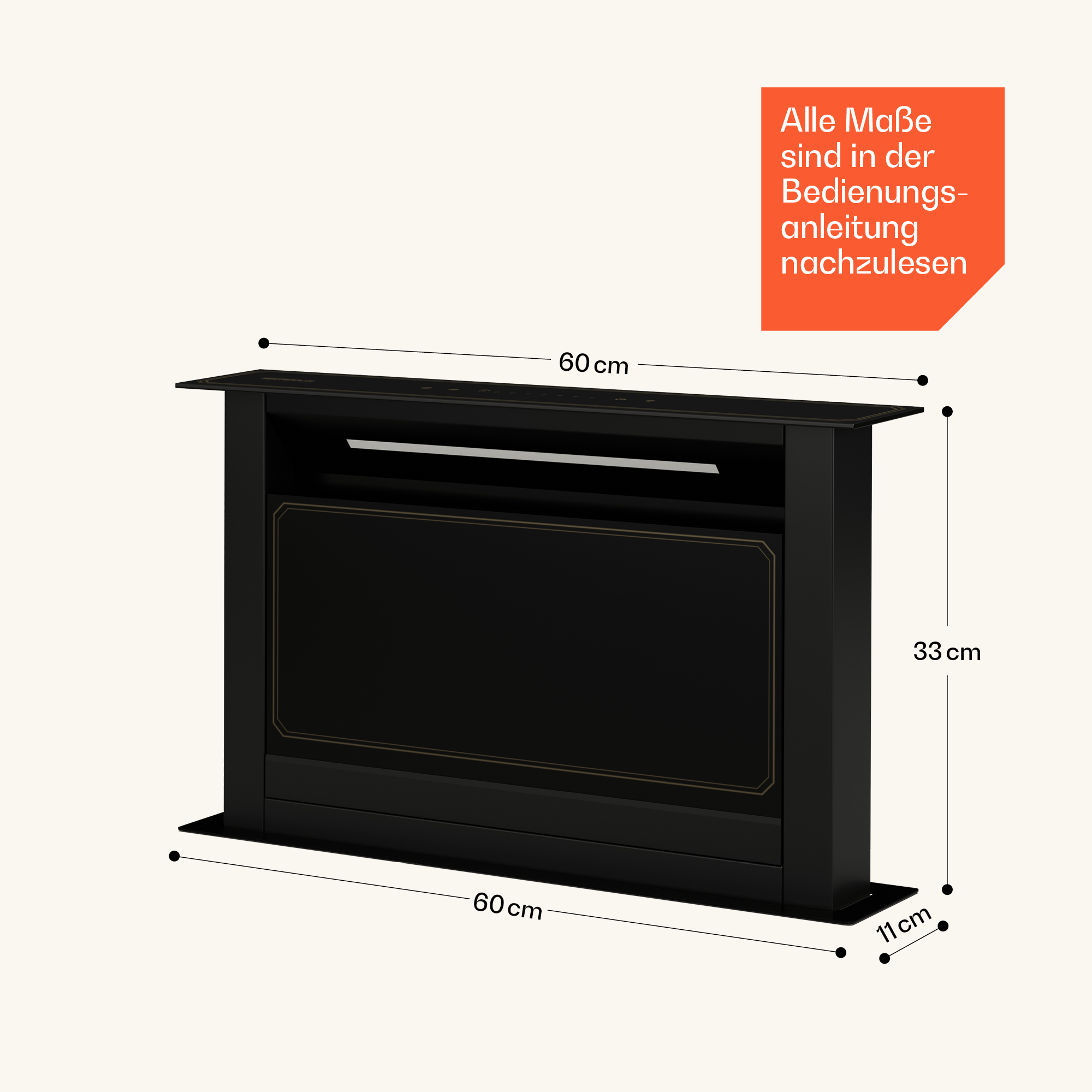 Chimenea negra con dimensiones 60x33x11 cm.