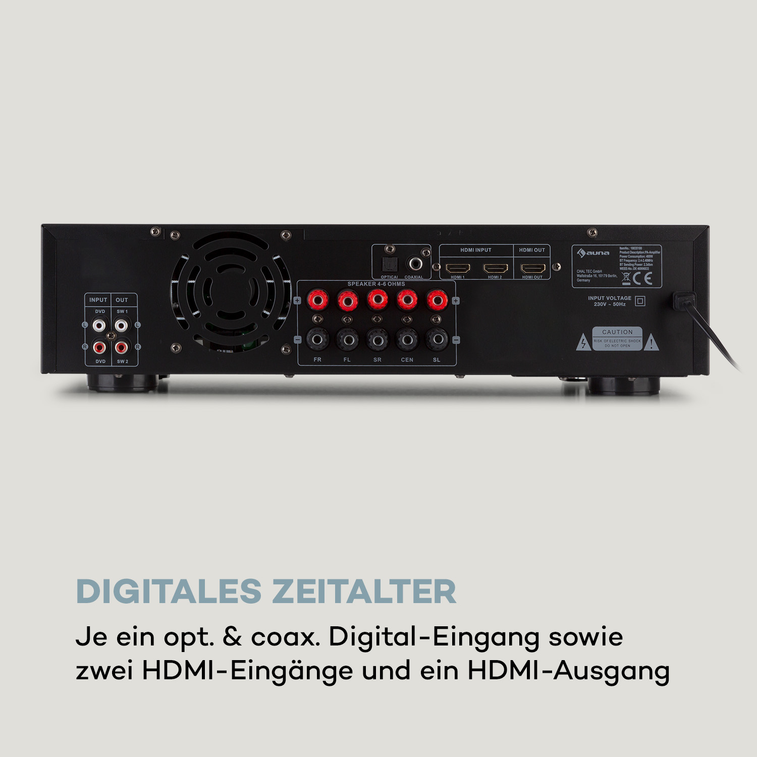 Rückseite eines schwarzen Verstärkers mit Anschlüssen.