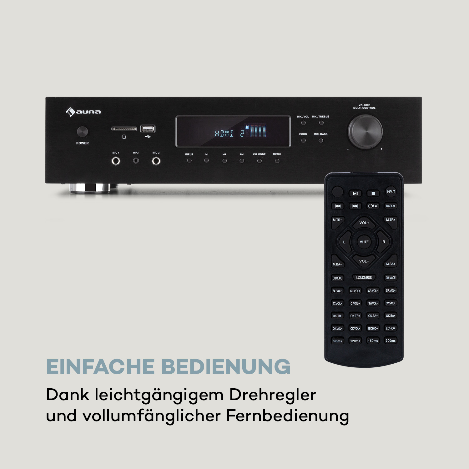 Schwarzer Verstärker mit Fernbedienung und Text "EINFACHE BEDIENUNG".