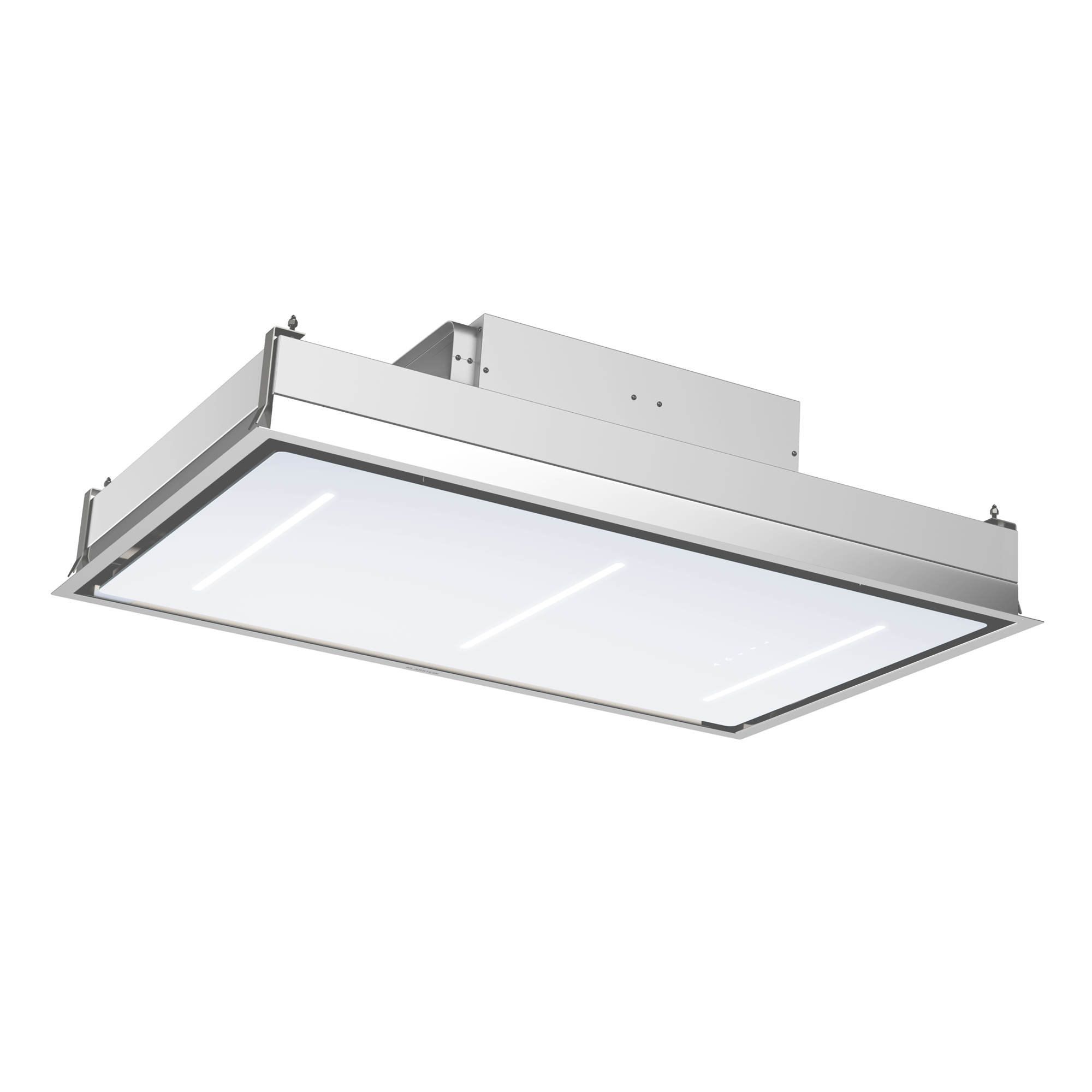 Una cappa da soffitto moderna in acciaio inox con frontale in vetro bianco.