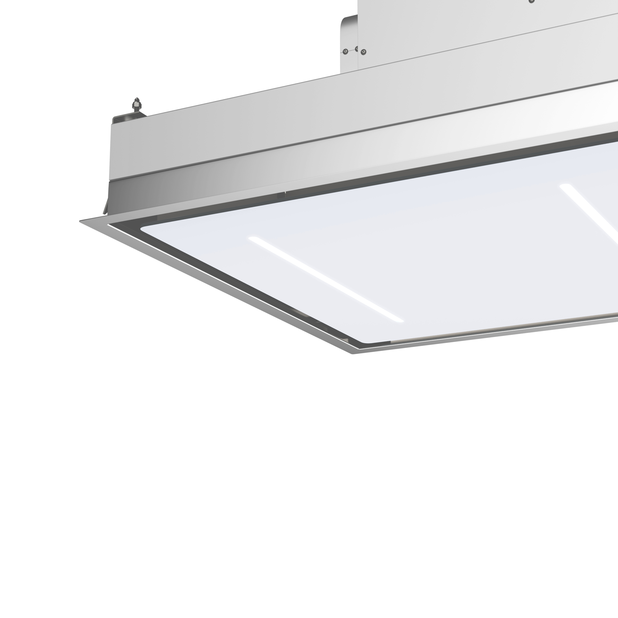 Lampada da soffitto con telaio in metallo e strisce luminose su sfondo bianco.