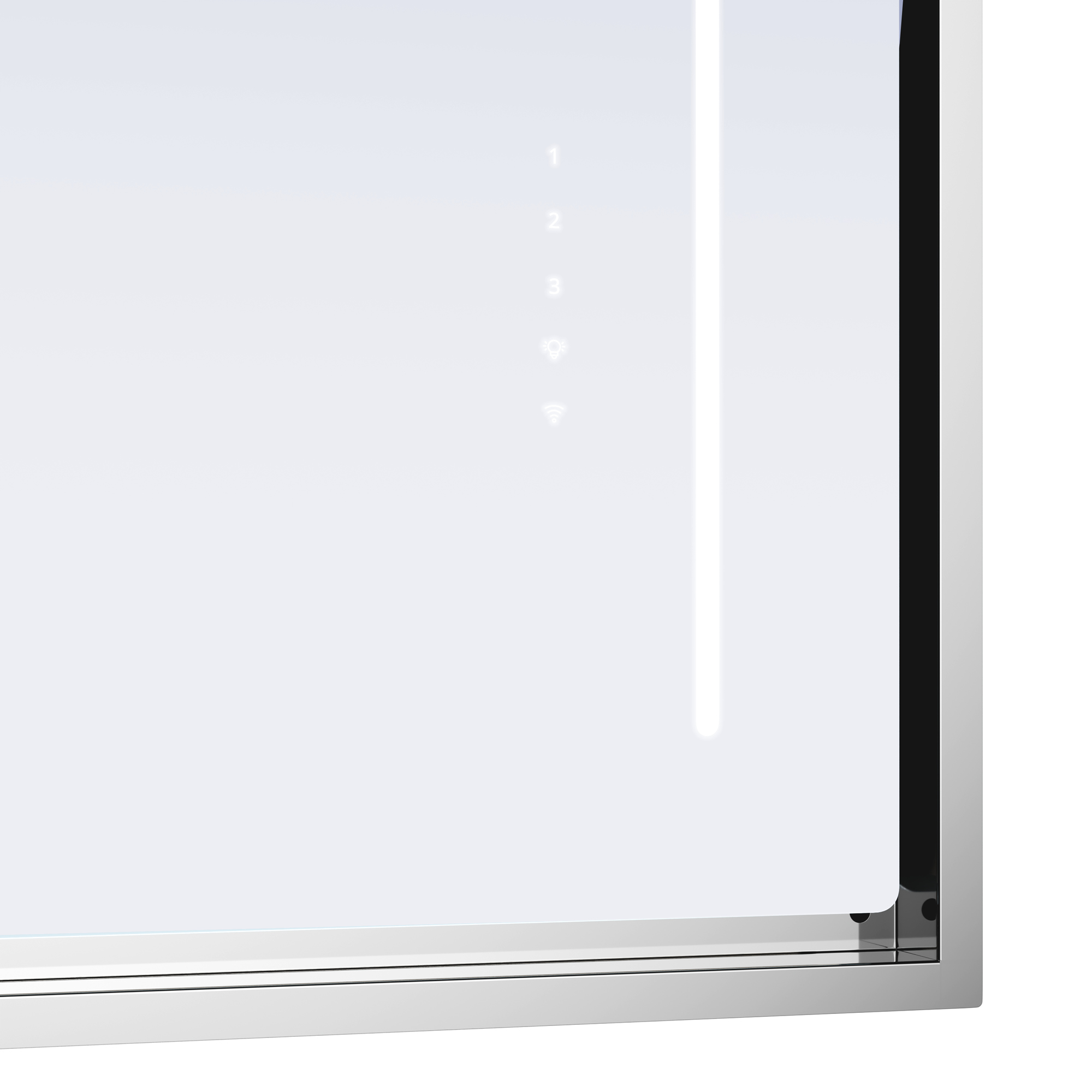 Specchio con icone illuminate 1, 2, 3, lampada e Wi-Fi.