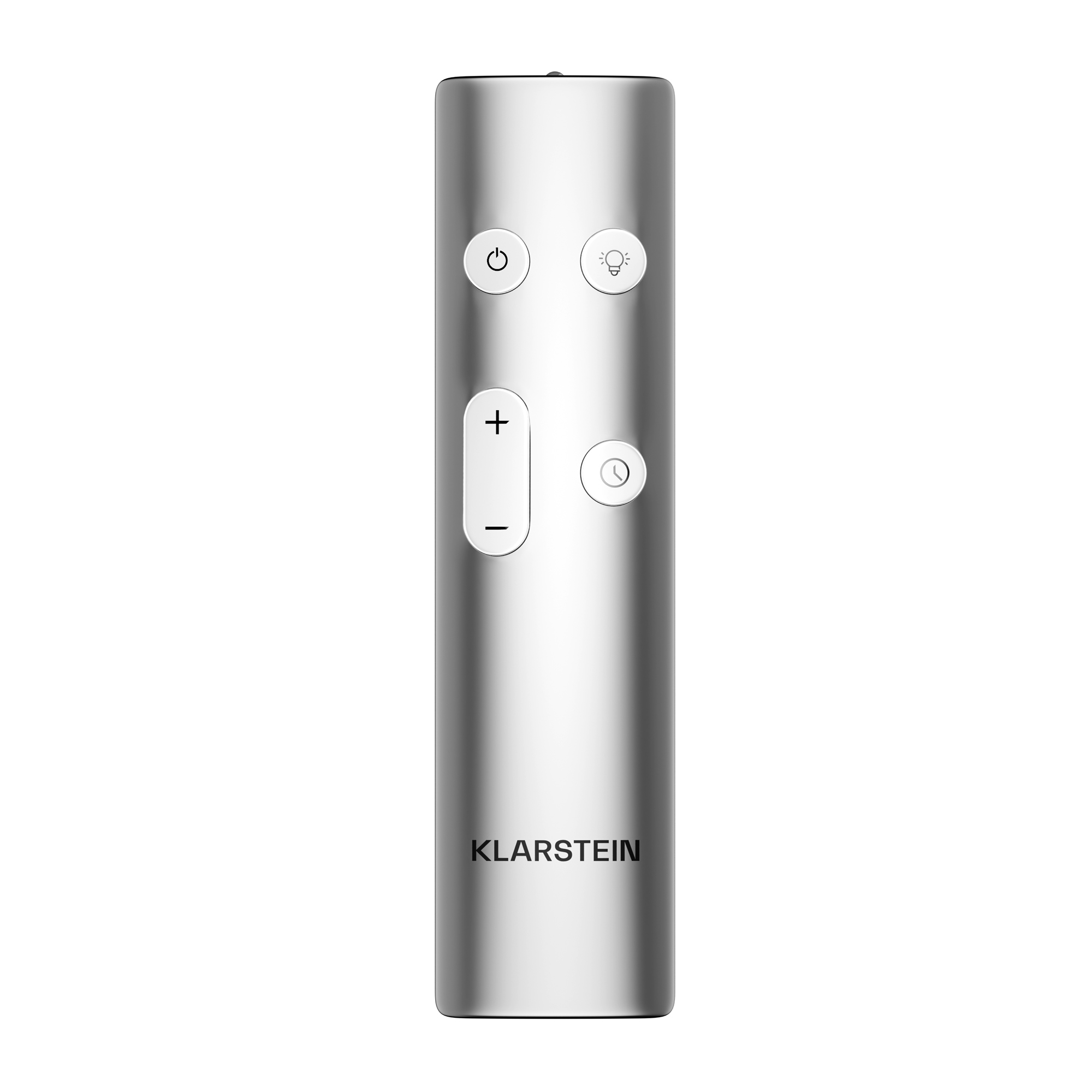 Telecomando argentato con pulsanti per accensione/spegnimento, luce, volume e timer.