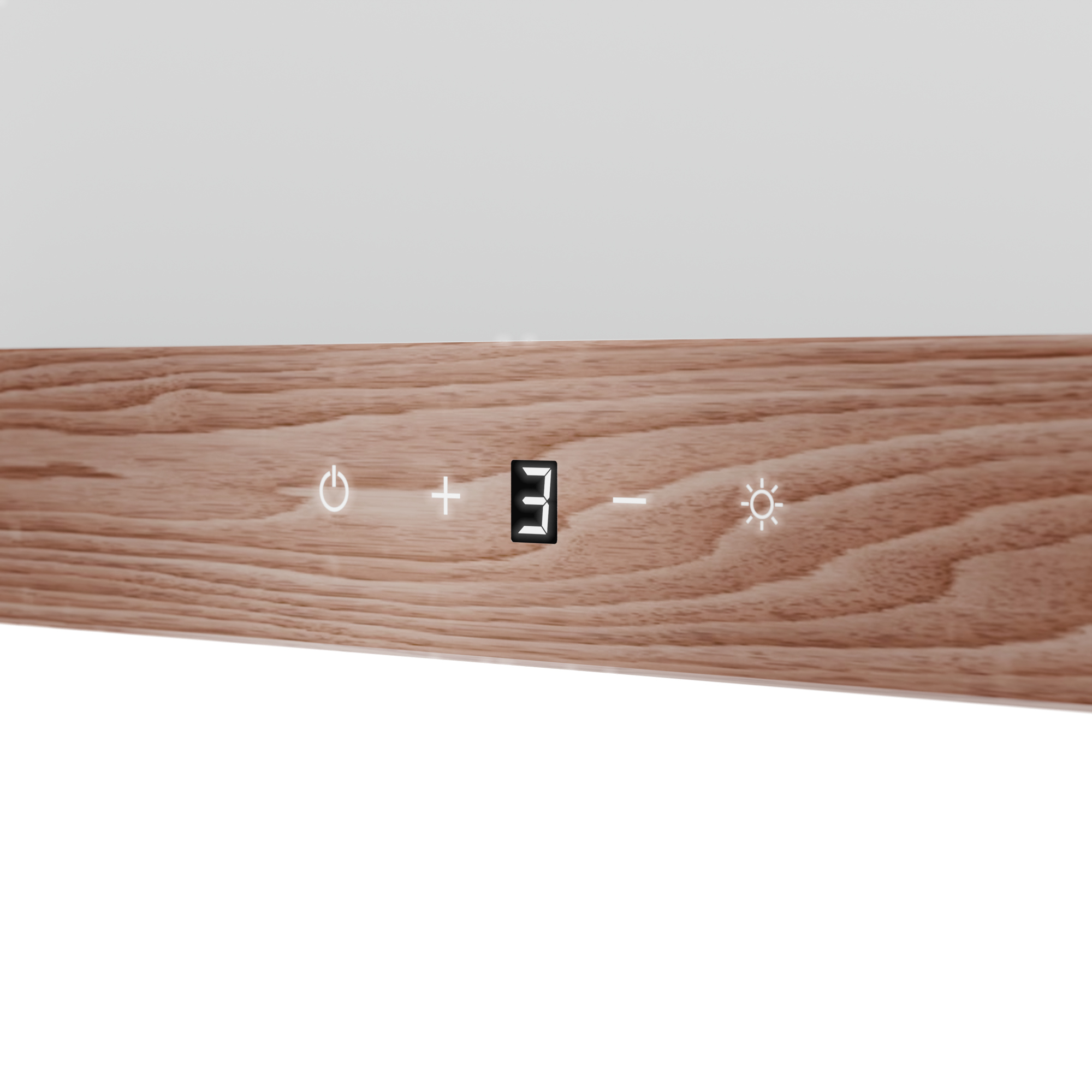 Un pannello di controllo con venature di legno e display digitali per accensione, volume e luce.