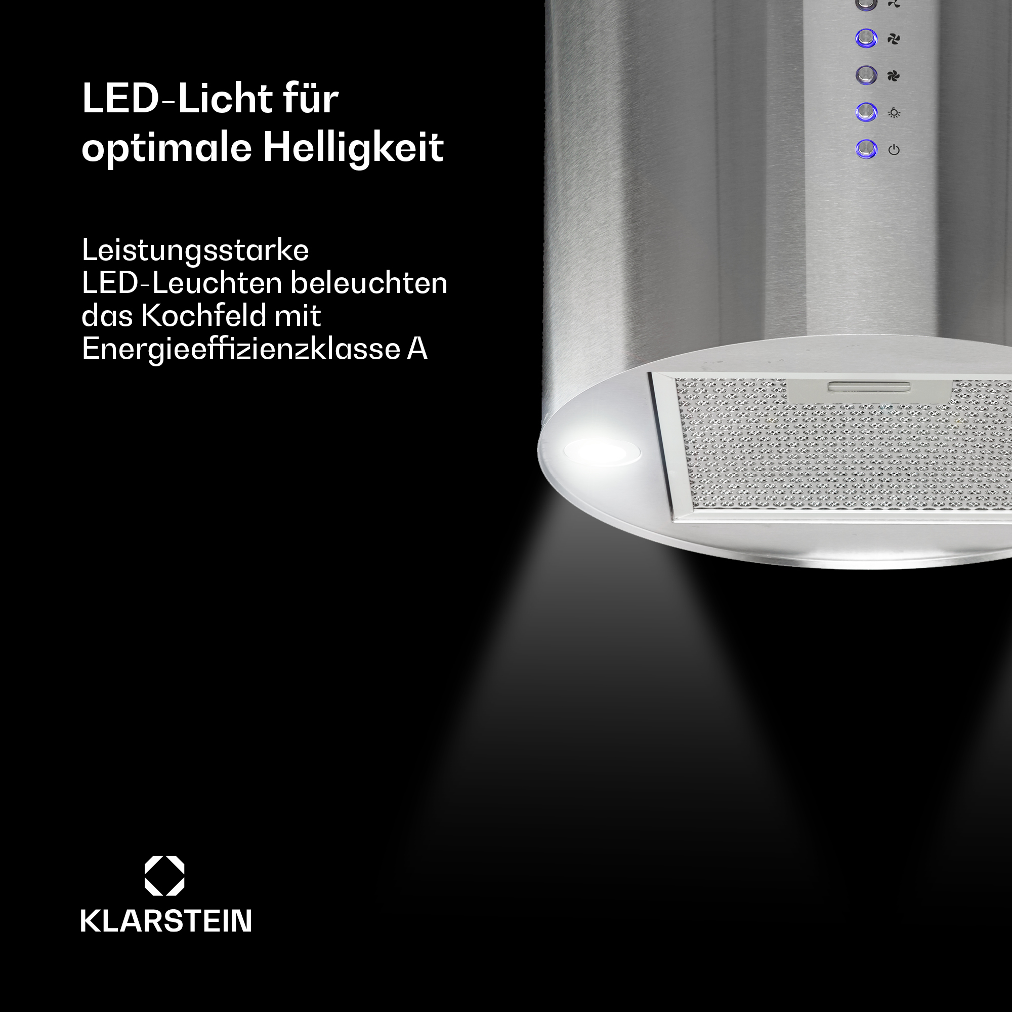 Cappa aspirante in acciaio inox con illuminazione LED e pulsanti.