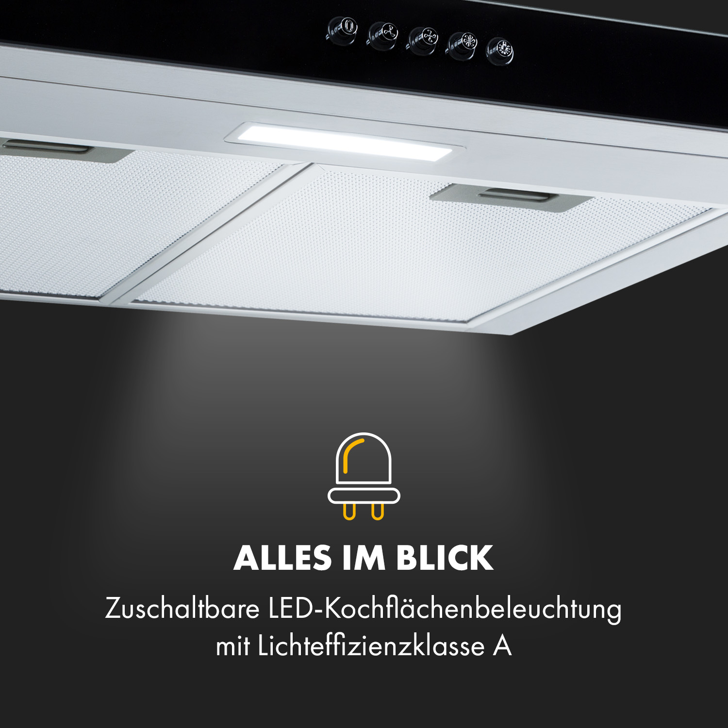 Cappa aspirante con illuminazione LED commutabile e pulsanti di controllo.