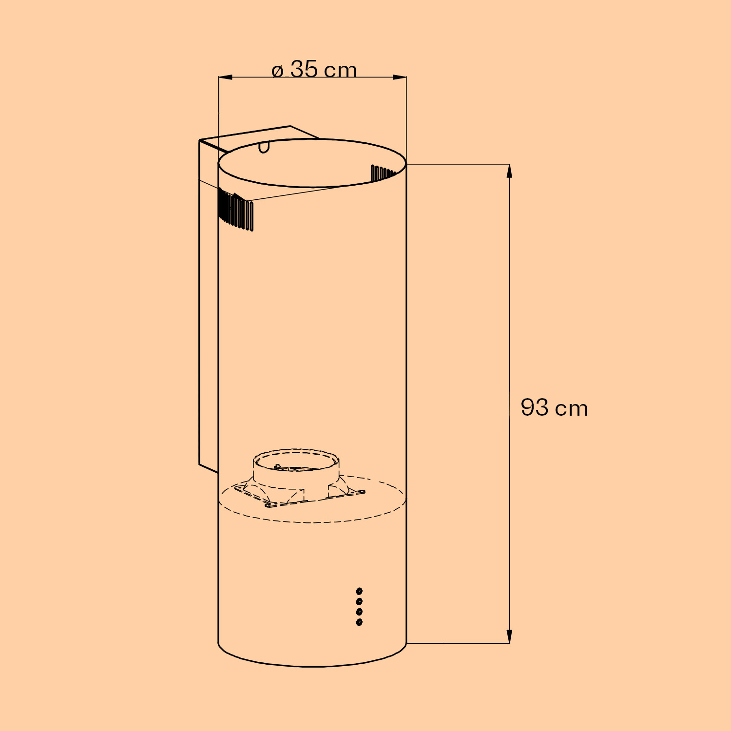 Un dibujo esquemático de una campana extractora, 35 cm de ancho y 93 cm de alto.