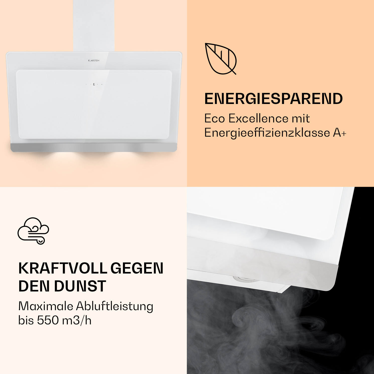 Eine weiße Dunstabzugshaube mit Touch-Bedienfeld und Beleuchtung.