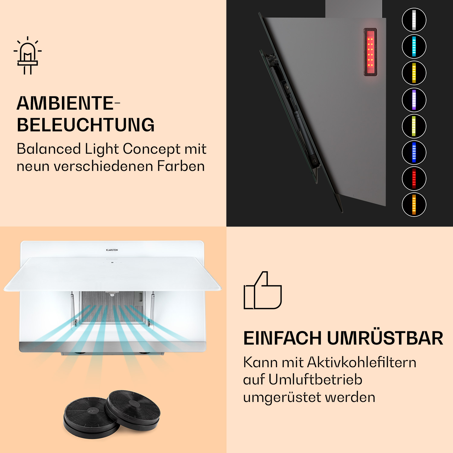 Dunstabzugshaube mit Ambientebeleuchtung in neun Farben und Aktivkohlefiltern.