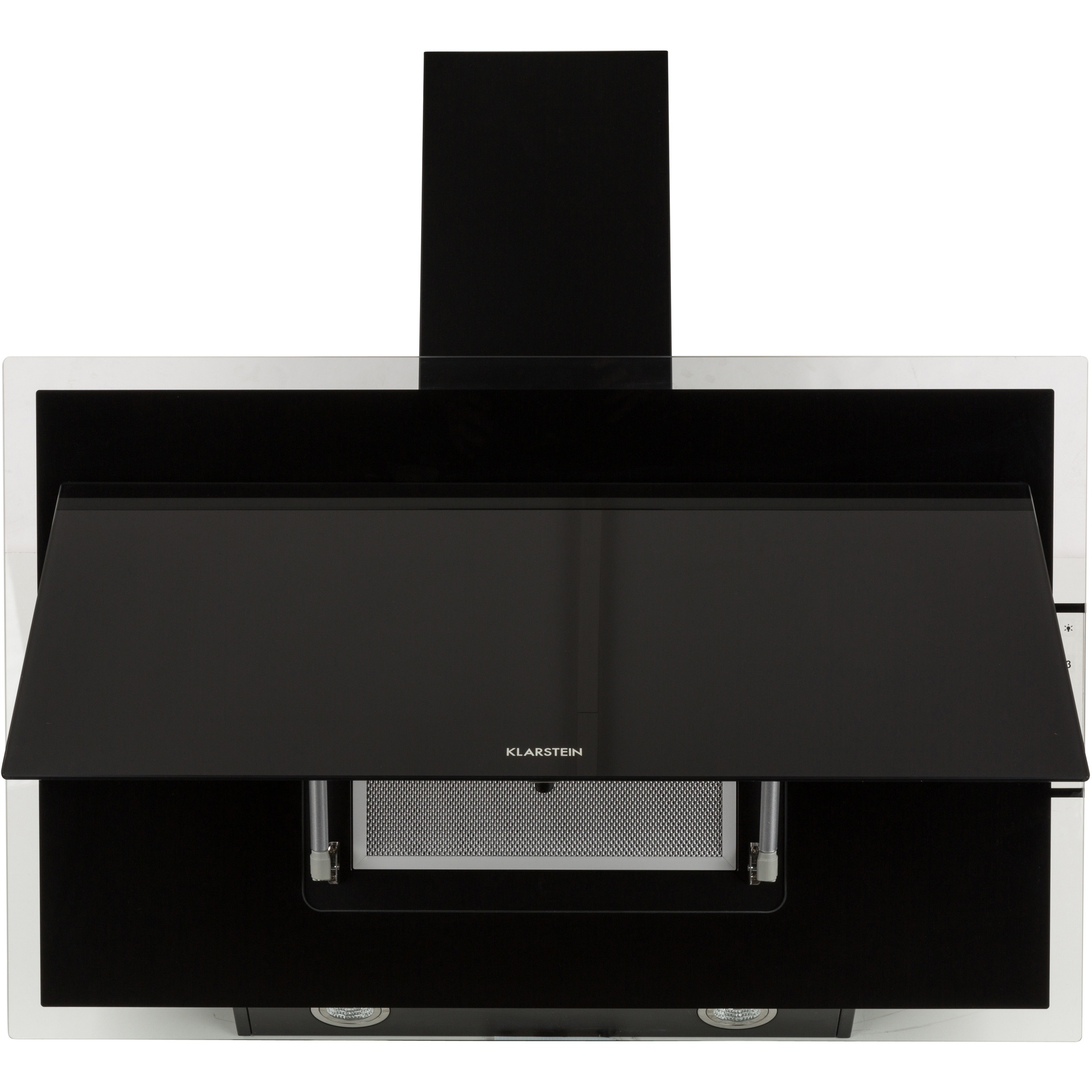 Ein moderner schwarzer Dunstabzug mit Glasfront und Metallfilter.