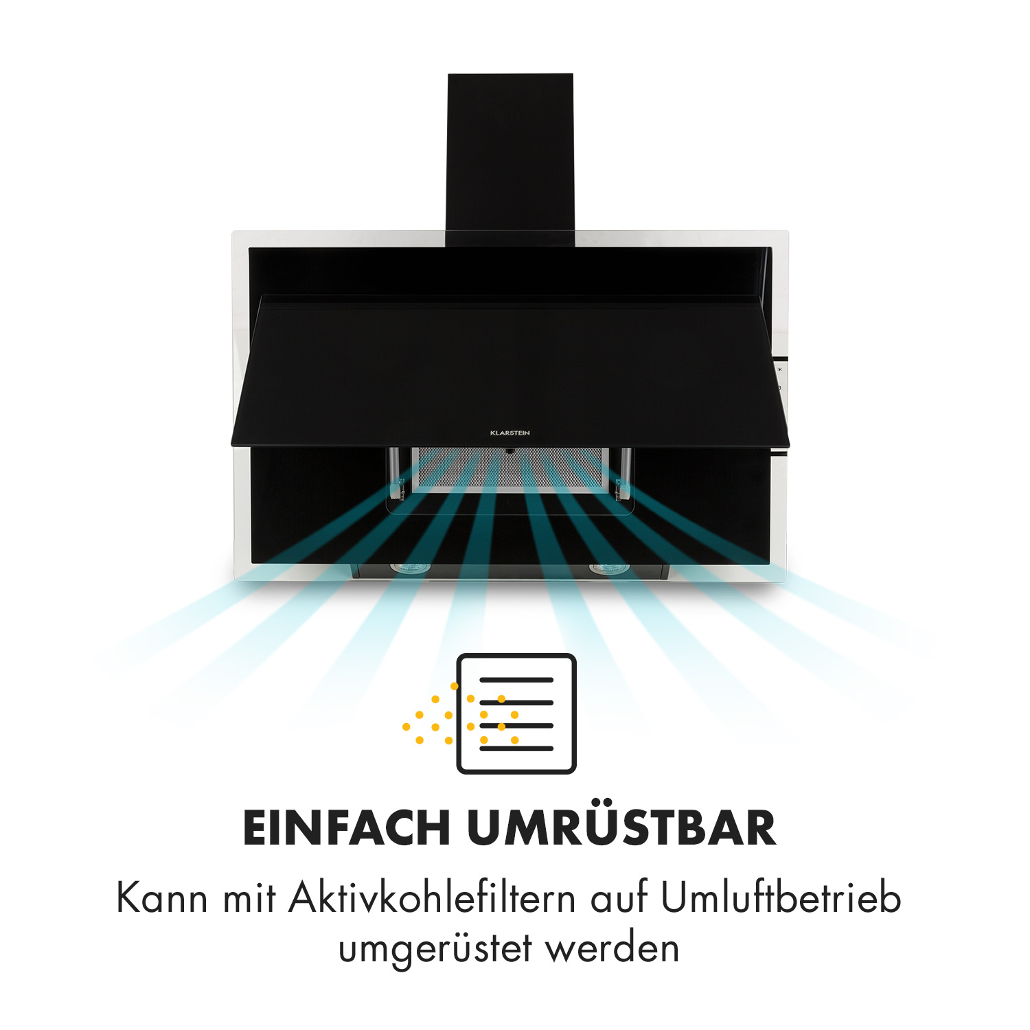 Schwarze Dunstabzugshaube mit blauem Luftstrom und Symbol. Einfach umrüstbar.