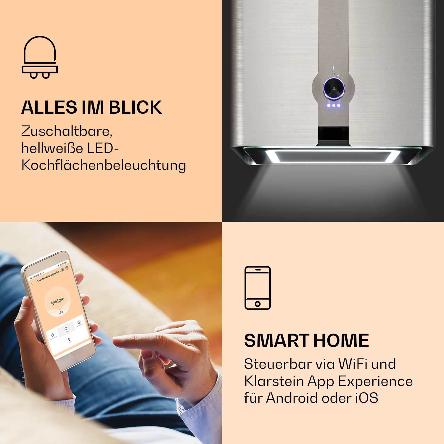 Cappa aspirante con illuminazione LED e controllo da smartphone.