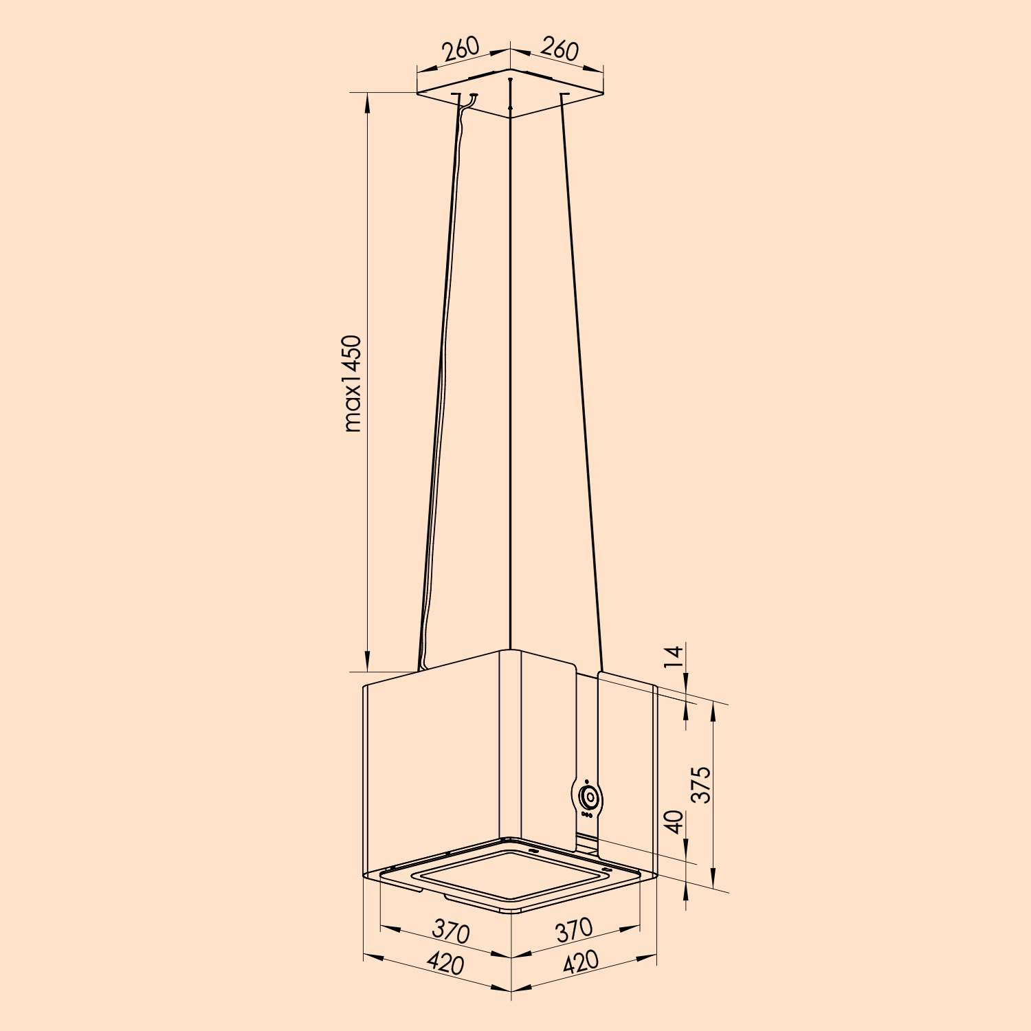 Disegno tecnico di una cappa da cucina con dimensioni.