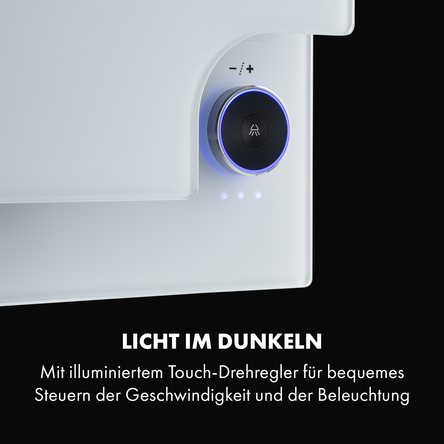 Weißes Gerät mit beleuchtetem Drehregler und Symbolen für Licht und Geschwindigkeit.