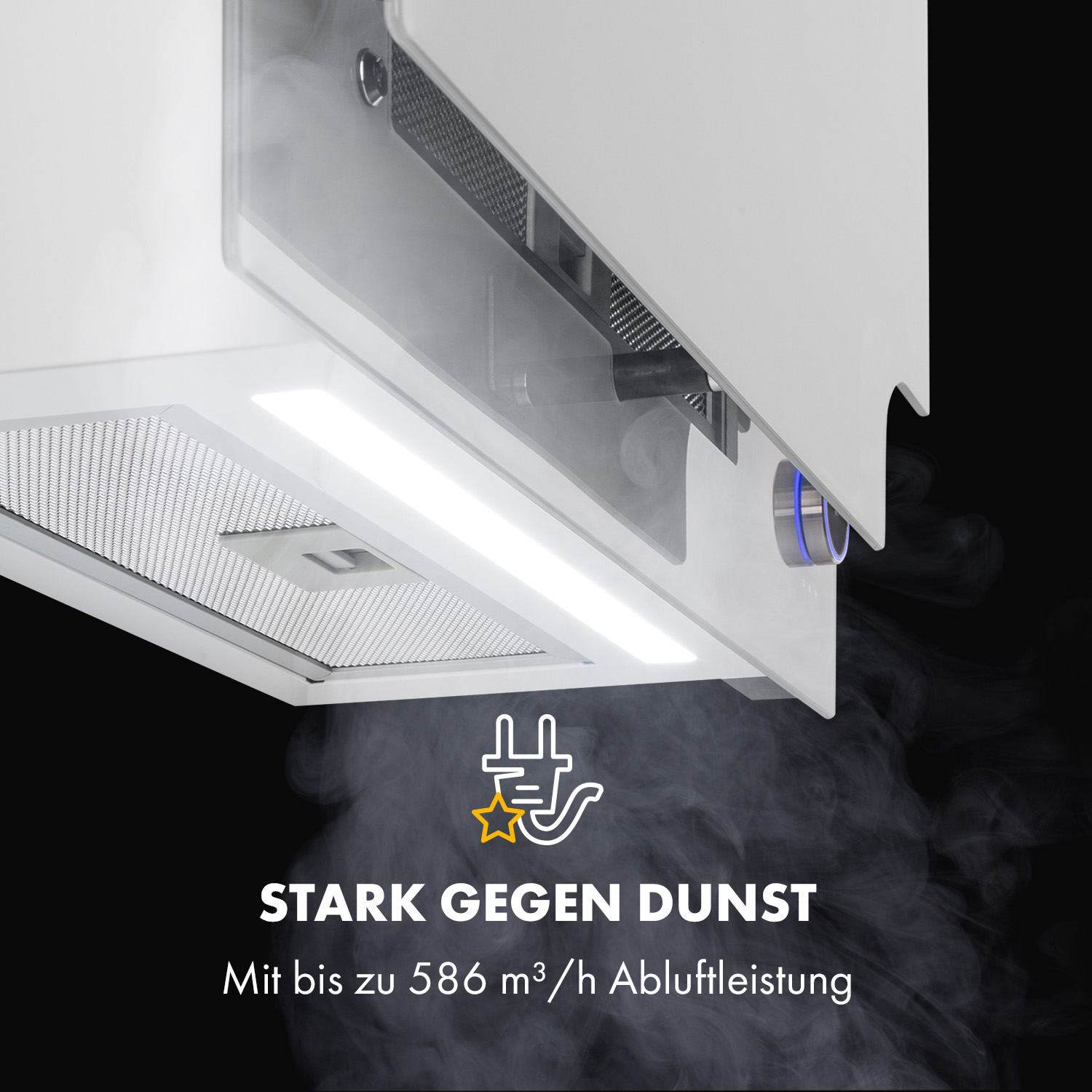 Dunstabzugshaube mit Beleuchtung und starker Absaugleistung gegen Dunst.