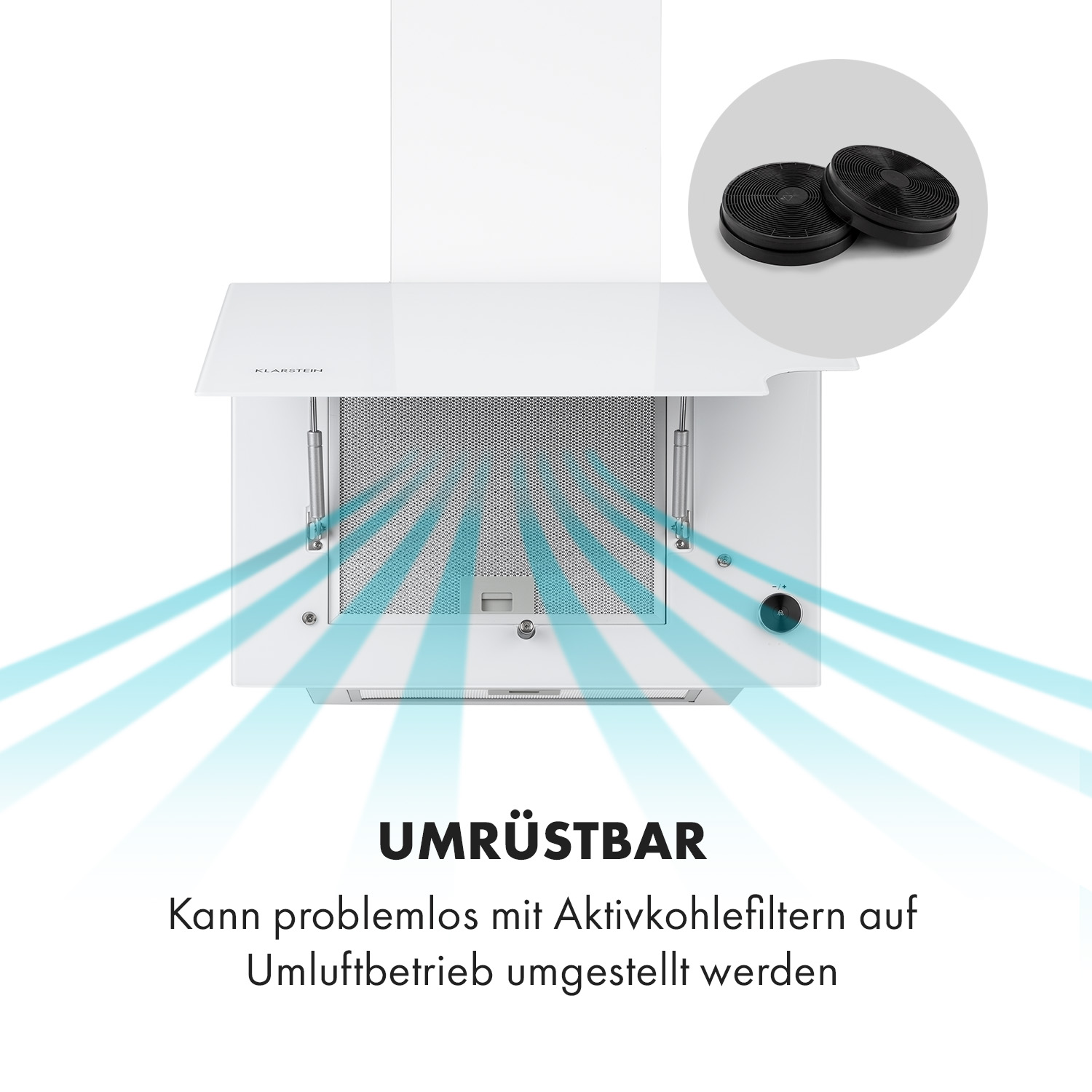 Eine weiße Dunstabzugshaube mit blauen Luftstromlinien und zwei Aktivkohlefiltern.
