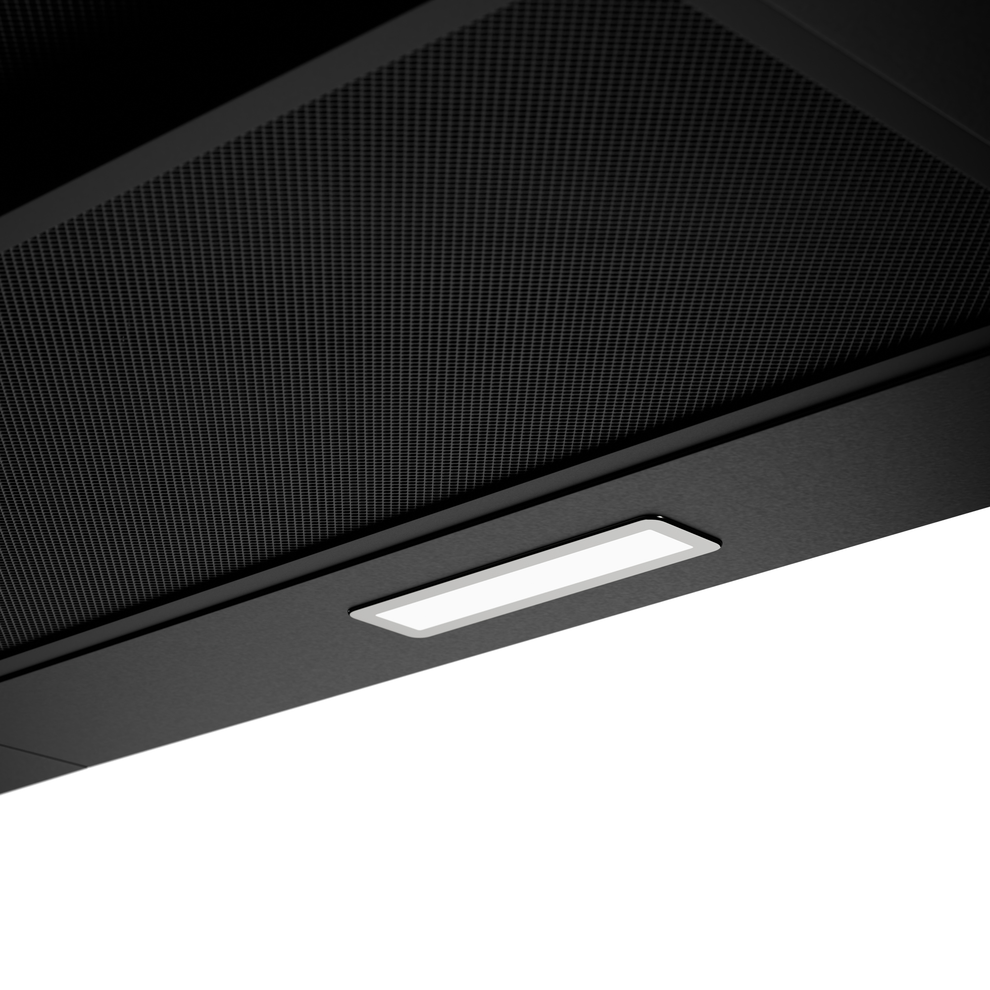 Cappa aspirante nera con luce e griglia di ventilazione.