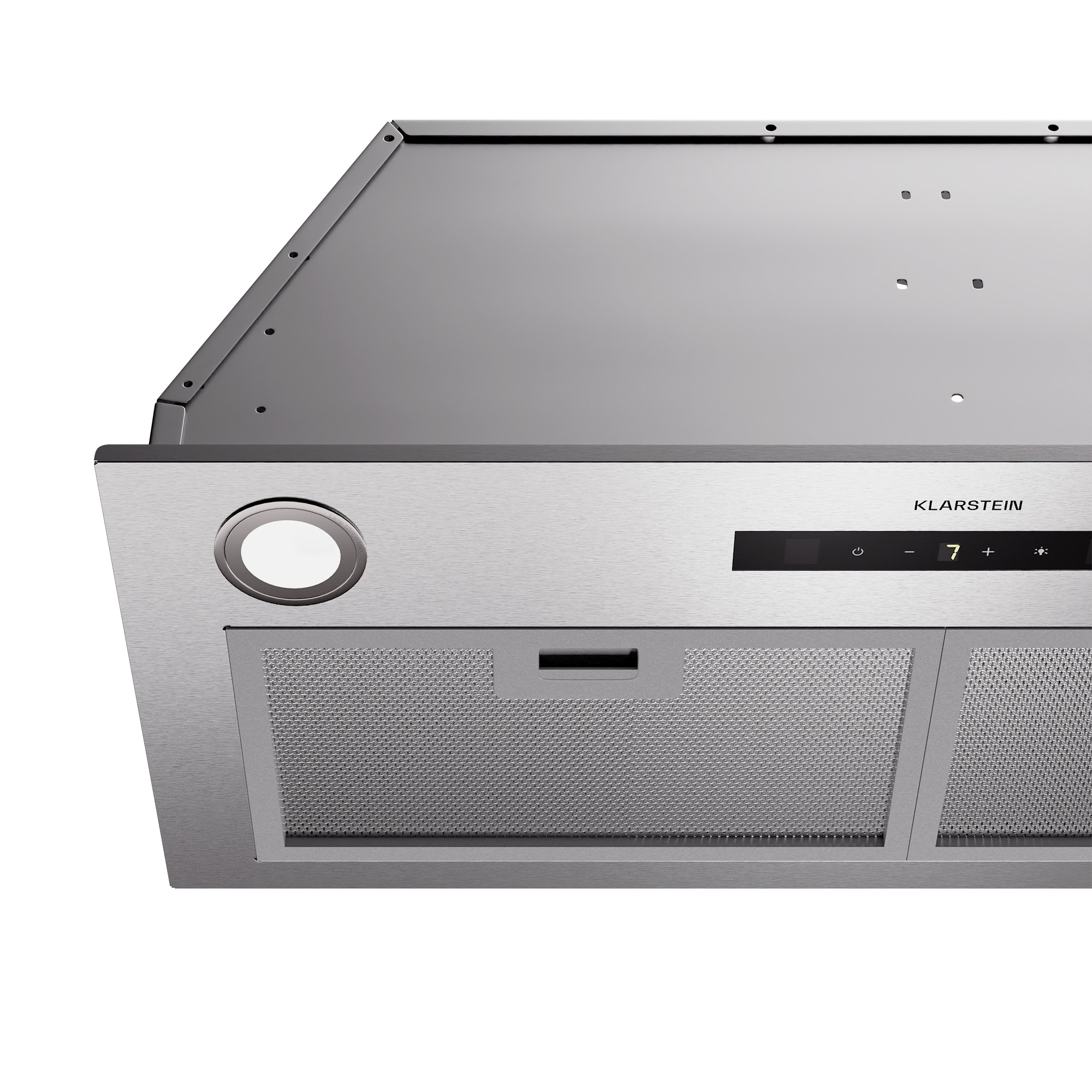 Cappa in acciaio inox con cerchio illuminato e display digitale.