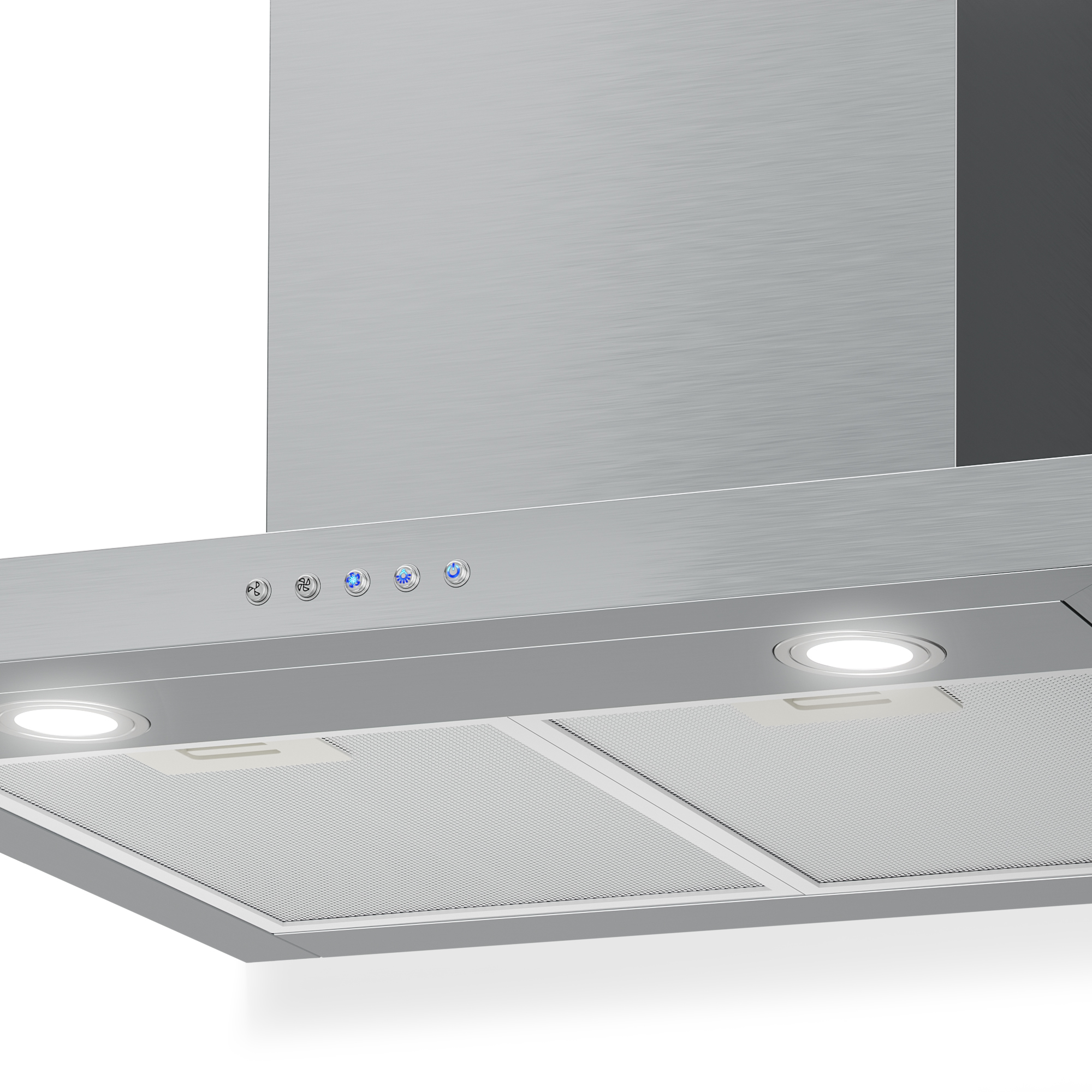 Cappa aspirante in acciaio inox con pannello di controllo illuminato e luci.