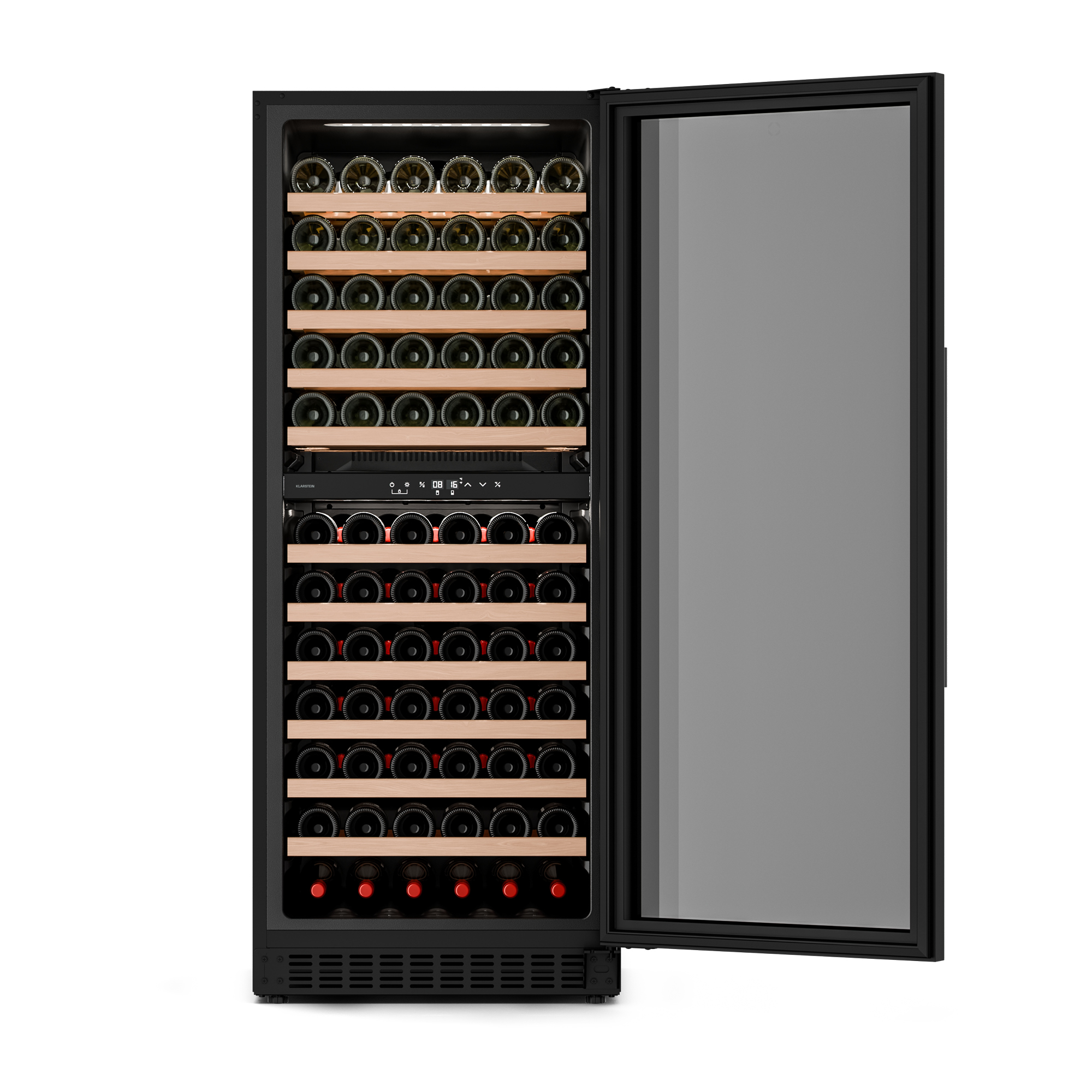 Ein schwarzer Weinkühlschrank mit Glastür, gefüllt mit vielen Weinflaschen auf Holzböden.