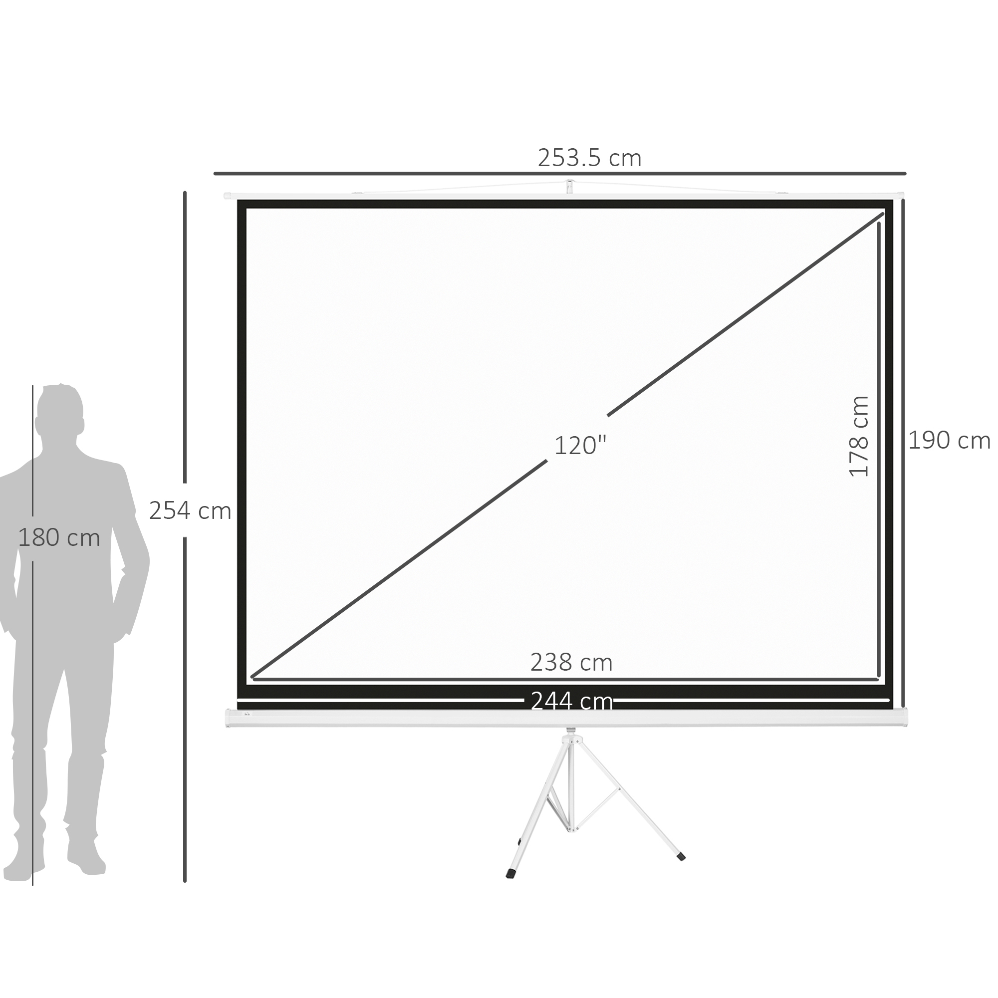 Uno schermo di proiezione da 120 pollici con treppiede e dimensioni accanto a una figura di 180 cm.