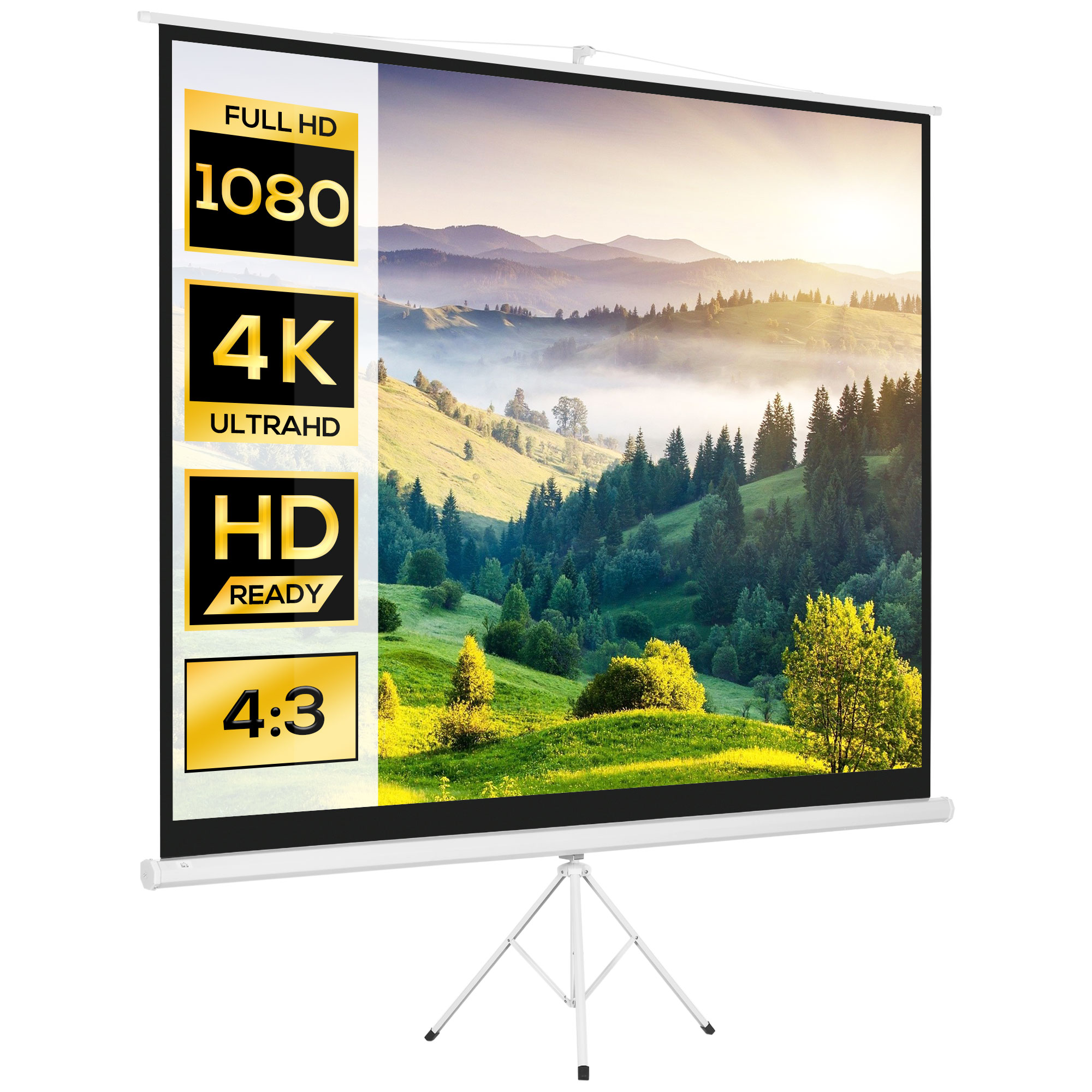 Schermo di proiezione su treppiede con paesaggio. Etichette: FULL HD 1080, 4K ULTRAHD, HD READY, 4:3.