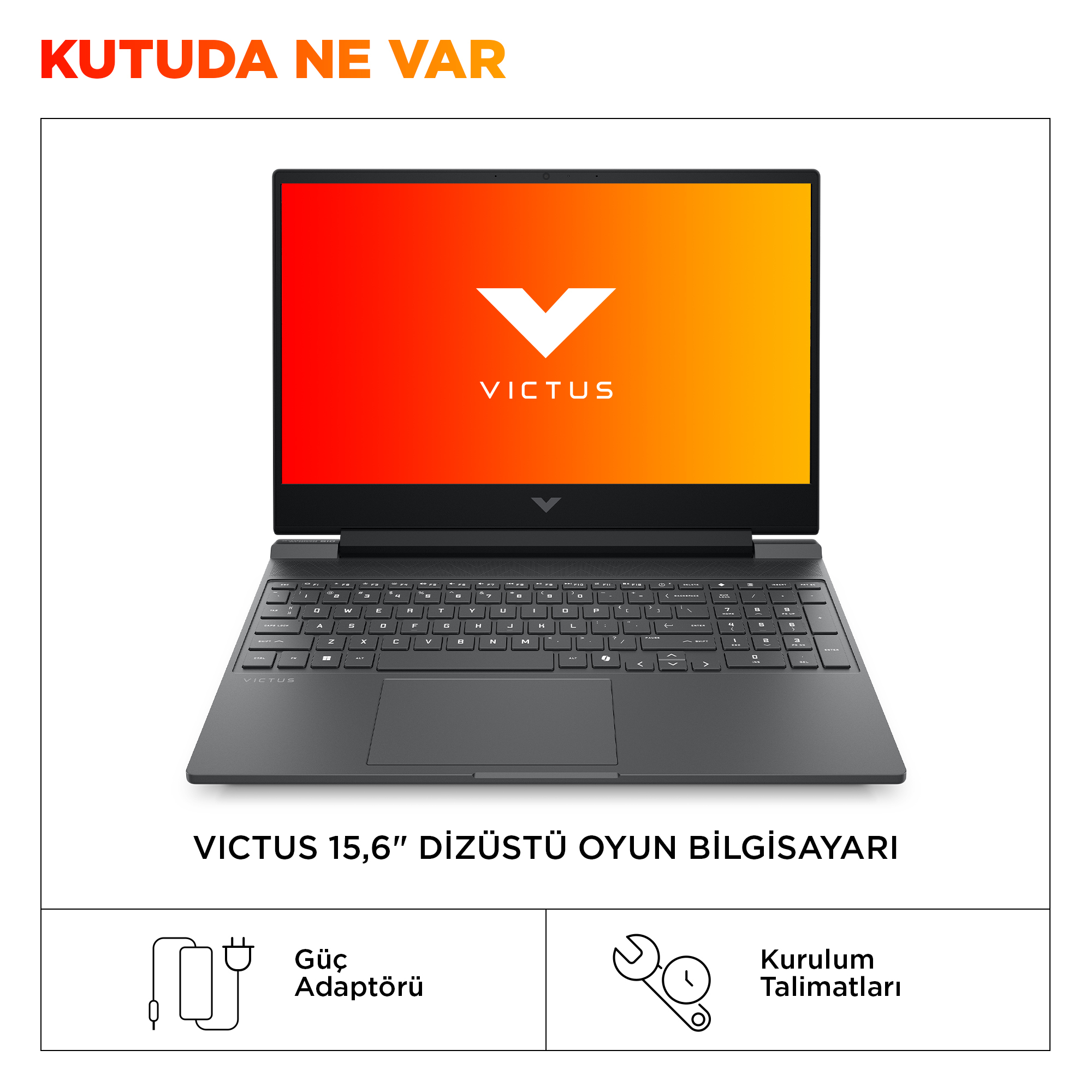 Arkadan aydınlatmalı klavyeli ve logolu gri Victus 15,6 inç oyuncu dizüstü bilgisayarı.
